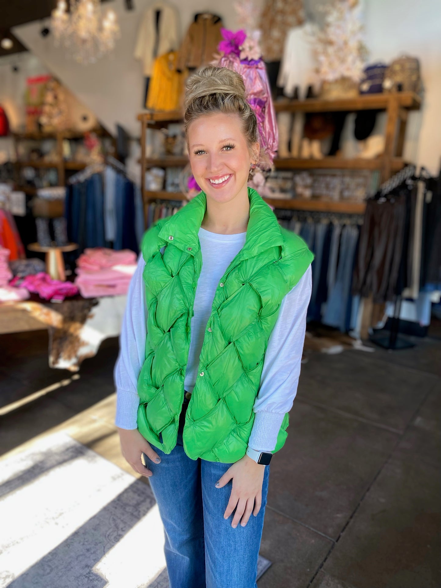 In A Bubble Puffer Vest in Apple Green
