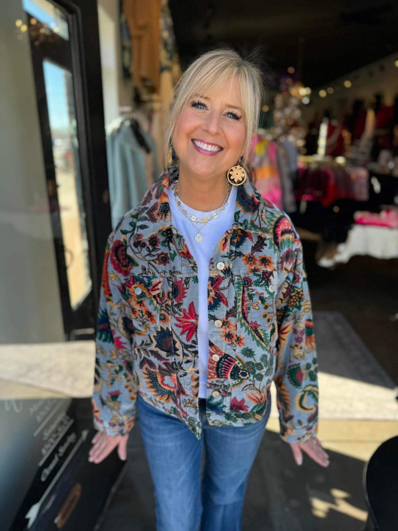Ivy Jane Blue Print Velvet Jean Jacket