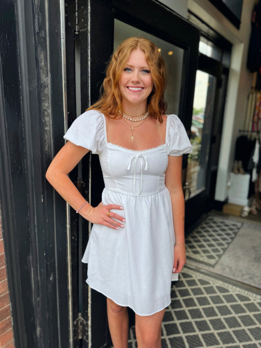 White Princess Puff Sleeve Lace Trim Dress