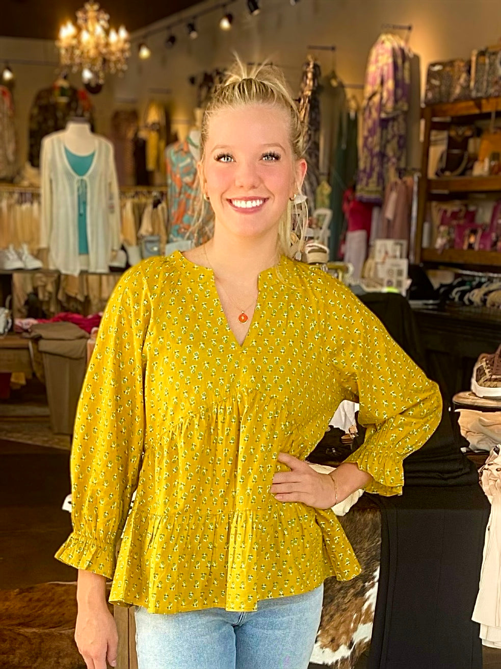 Ivy Jane Mustard Ditsy Tiered Top