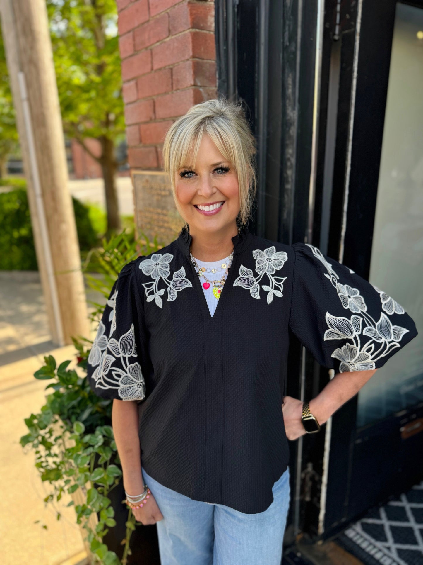Black Embroidered Puff Sleeve Textured Top