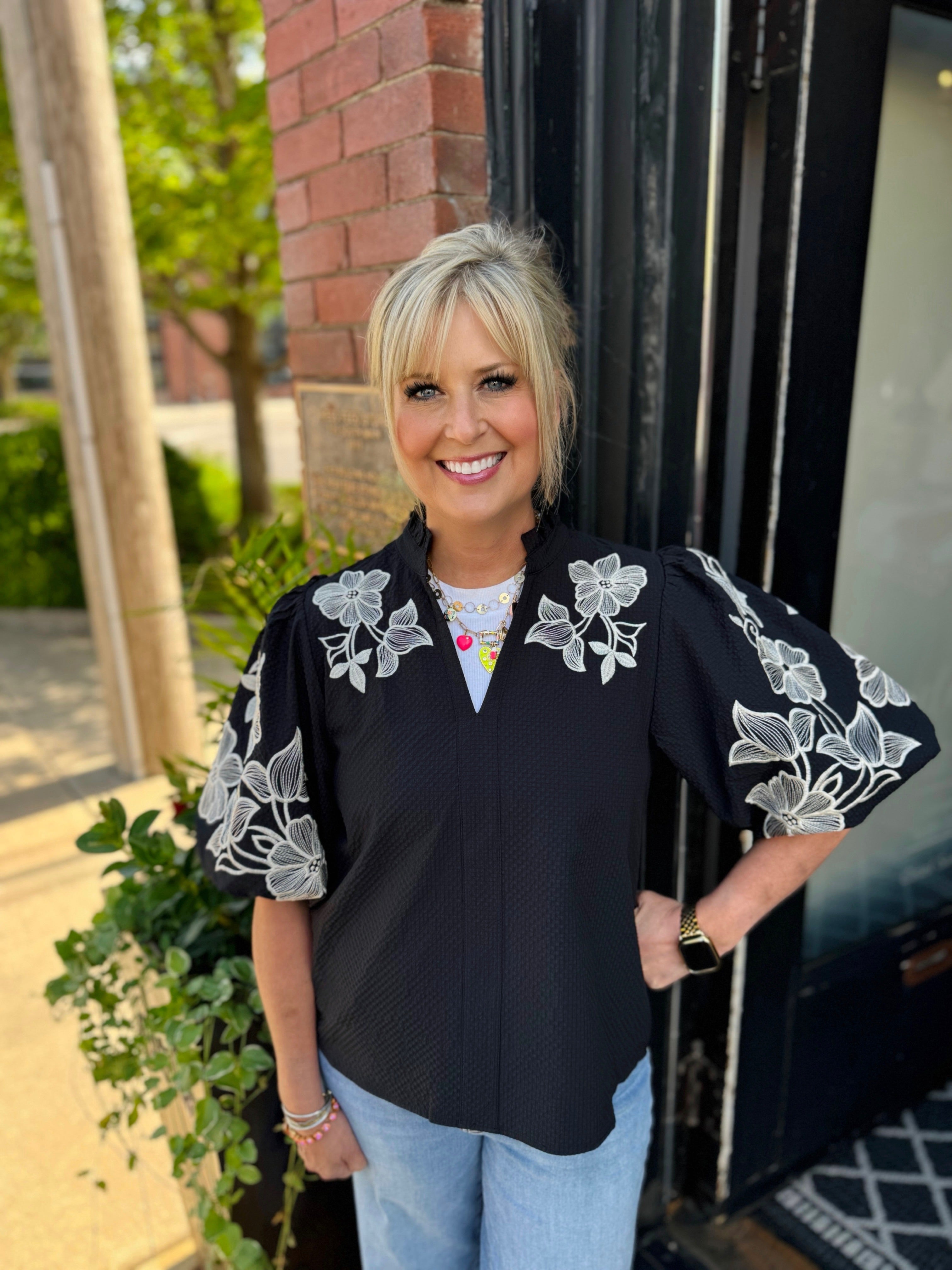 Black Embroidered Puff Sleeve Textured Top