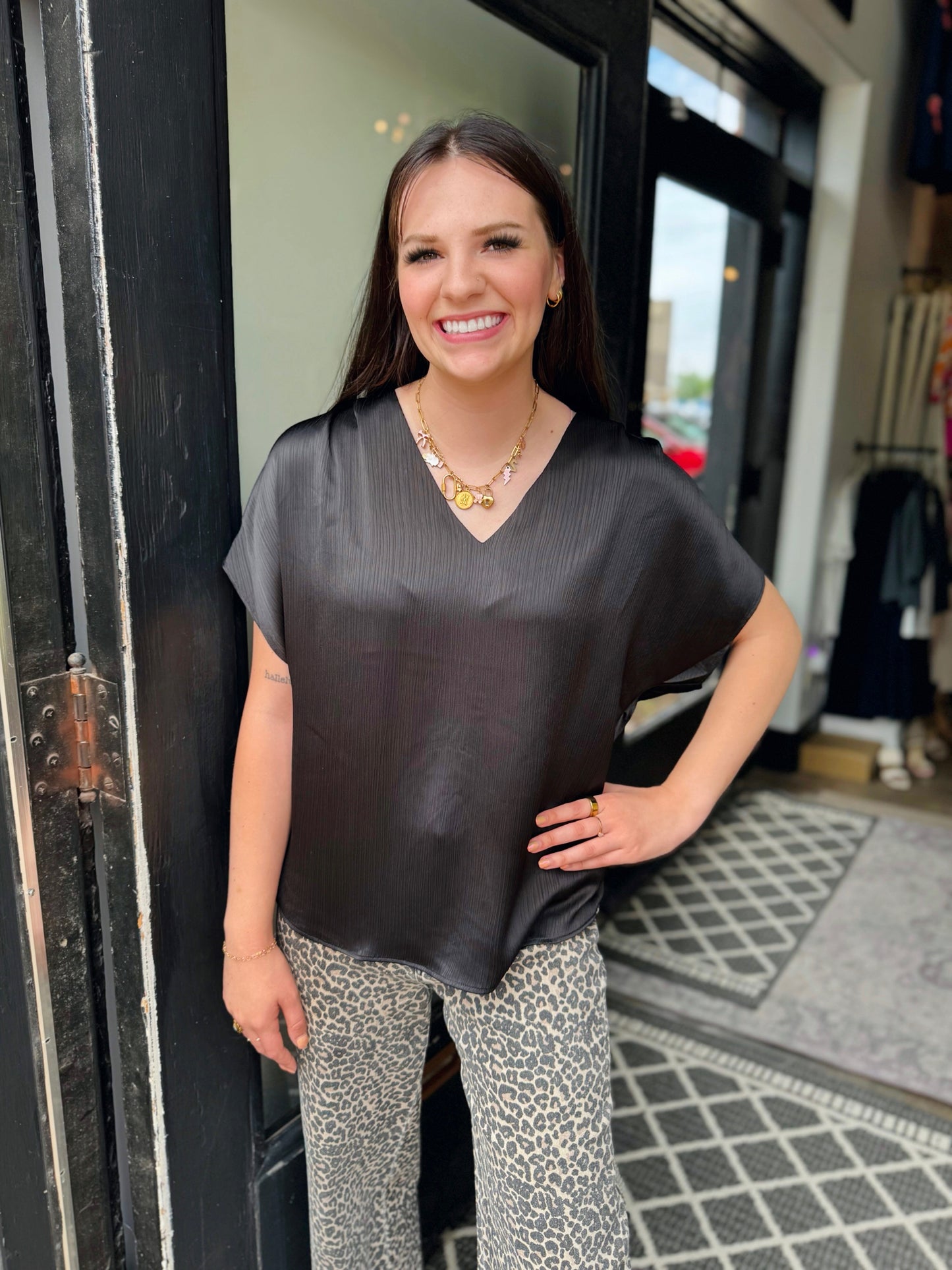 Kld Black V-Neck Pleated Cap Sleeve Top