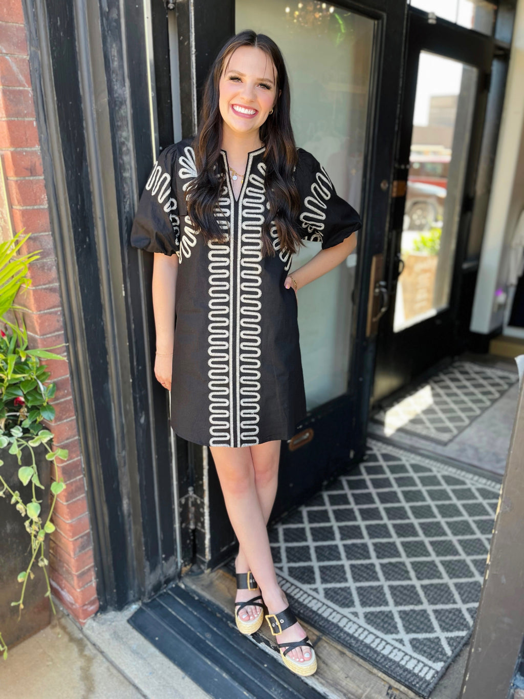 Black Embroidered Puff Sleeve Dress