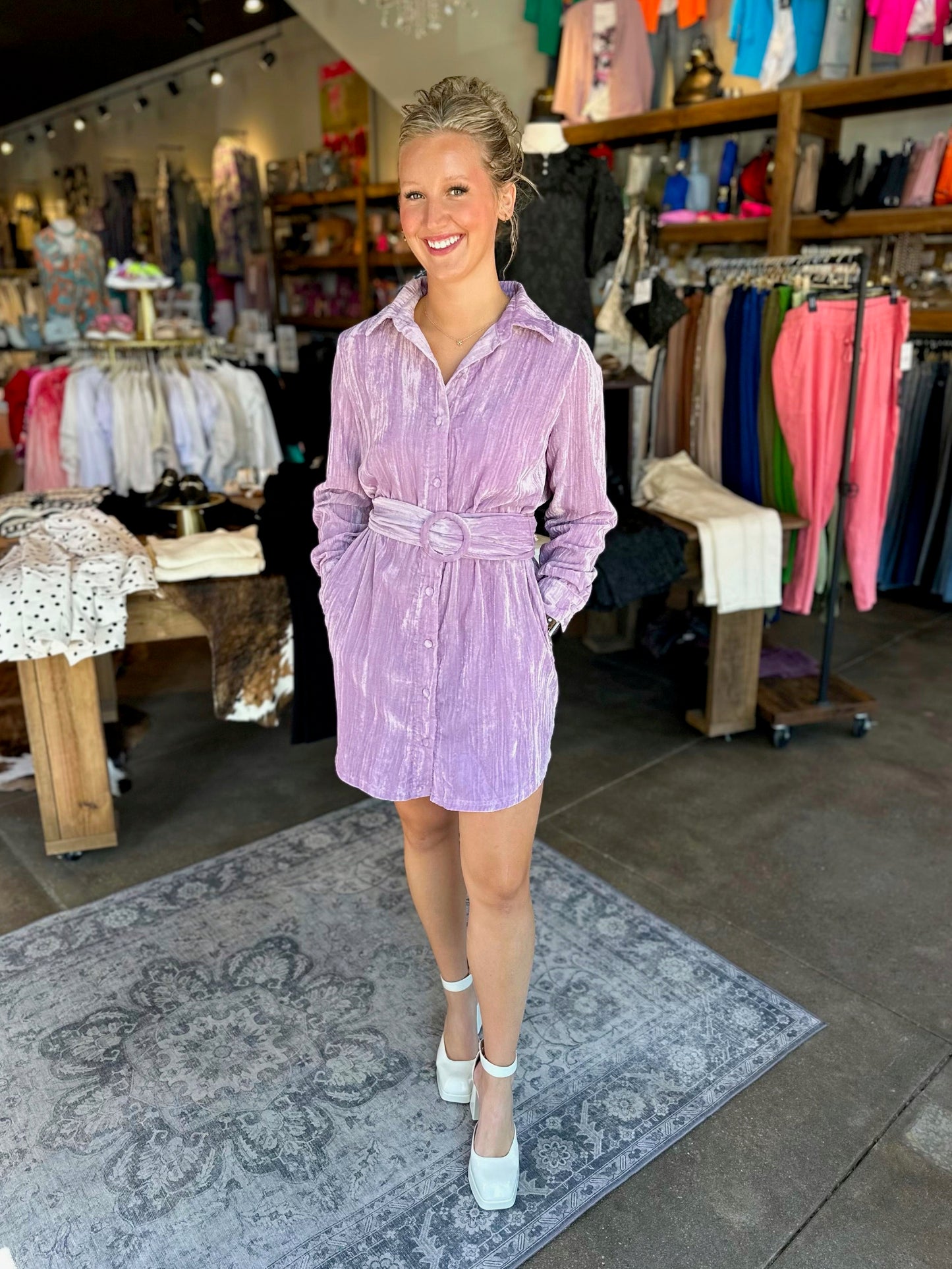 Vivian Lavender Crinkle Velvet Shirt Dress