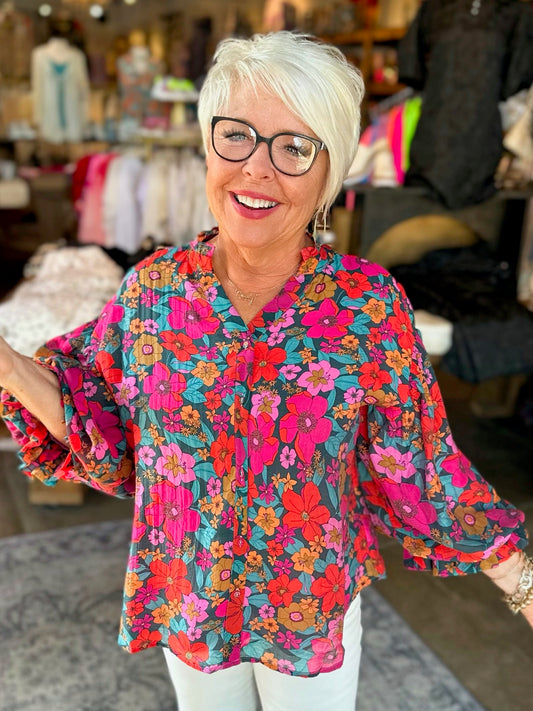 Evelyn  Teal/ Fuchsia Multi Floral Print Bubble Sleeve Blouse