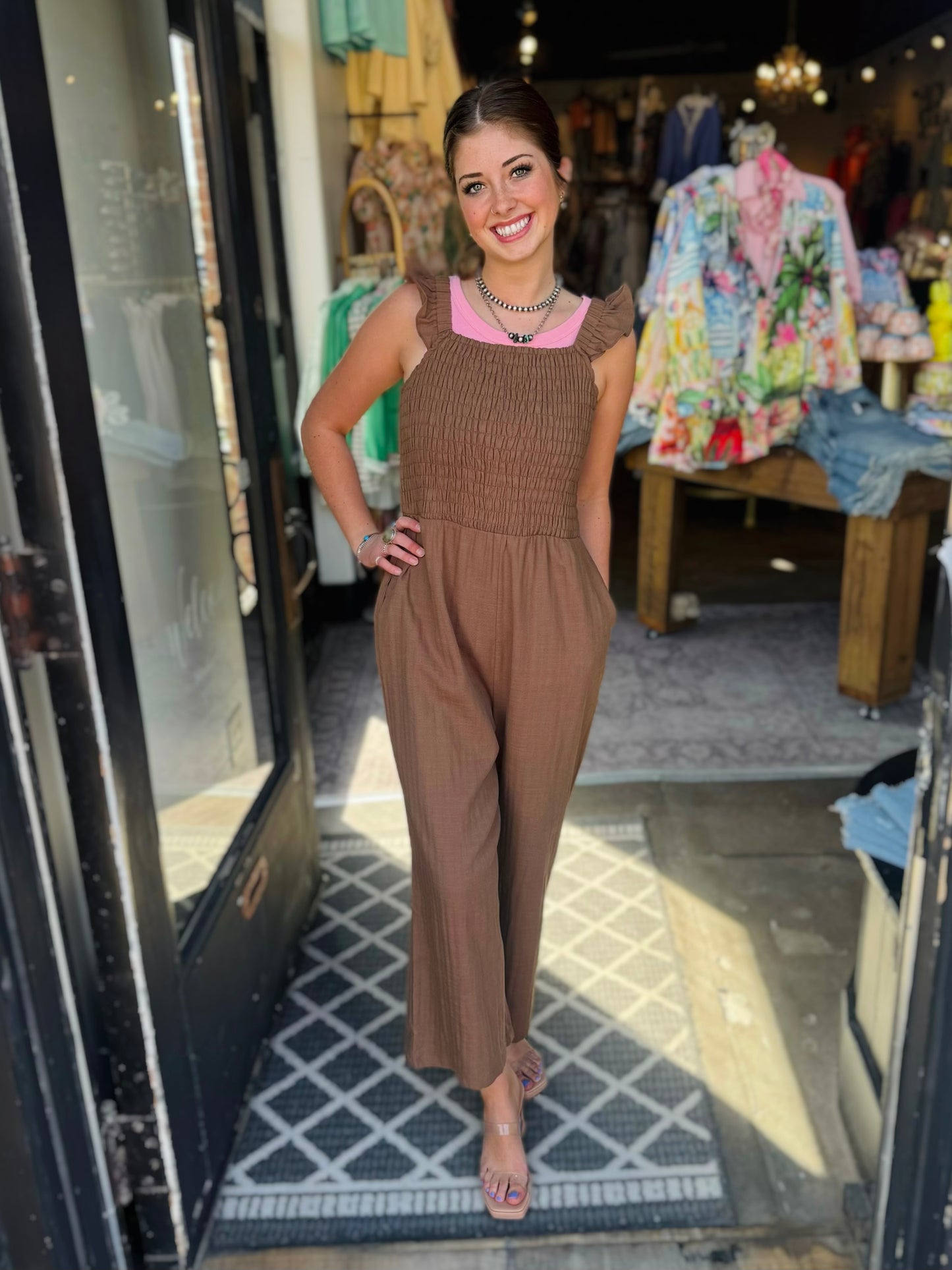 COCO & CARMEN KOHDE WIDE LEG SMOCKED JUMPSUIT COCOA 2529001