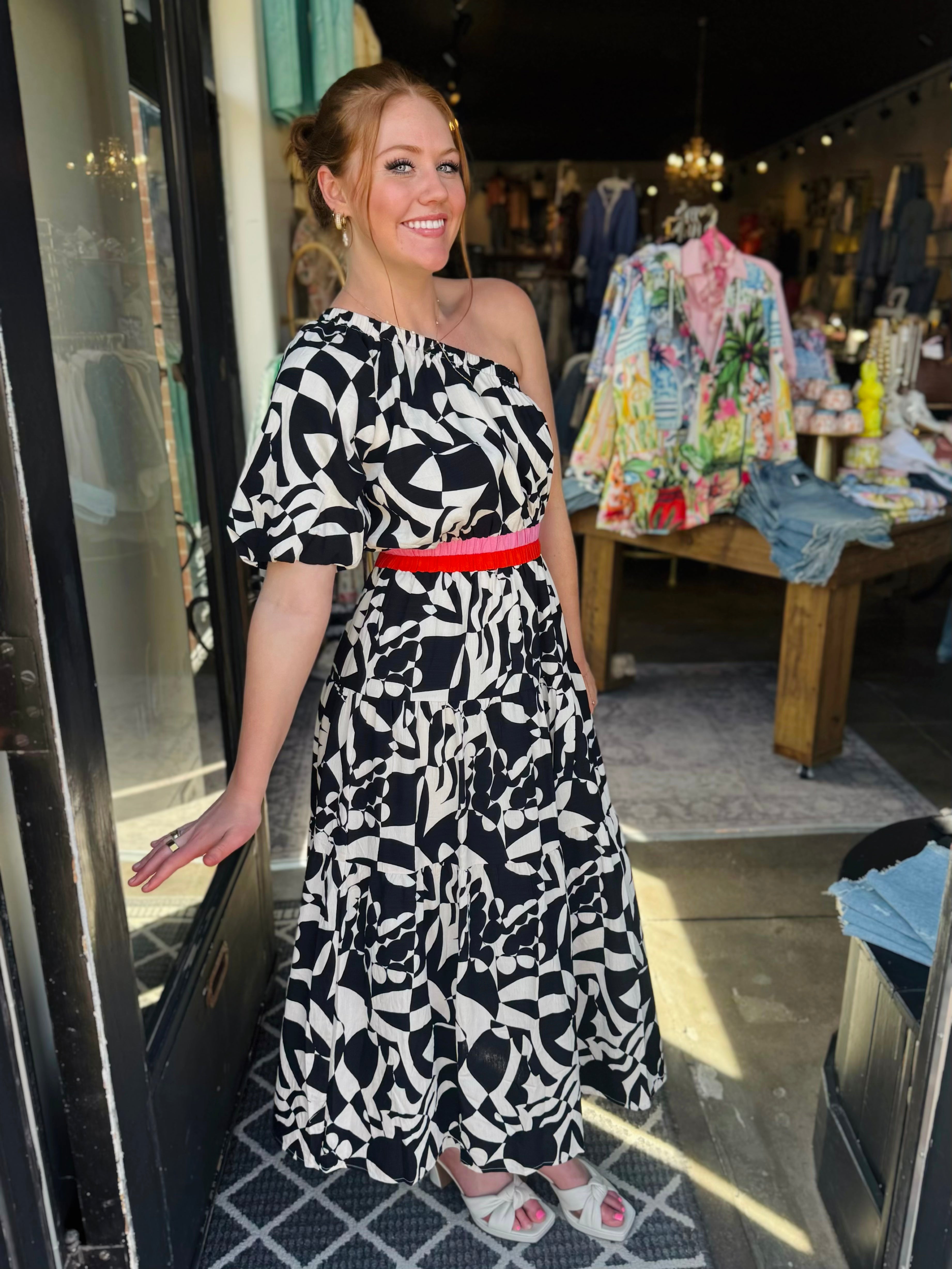 Black White One Shoulder Pattern Maxi Dress