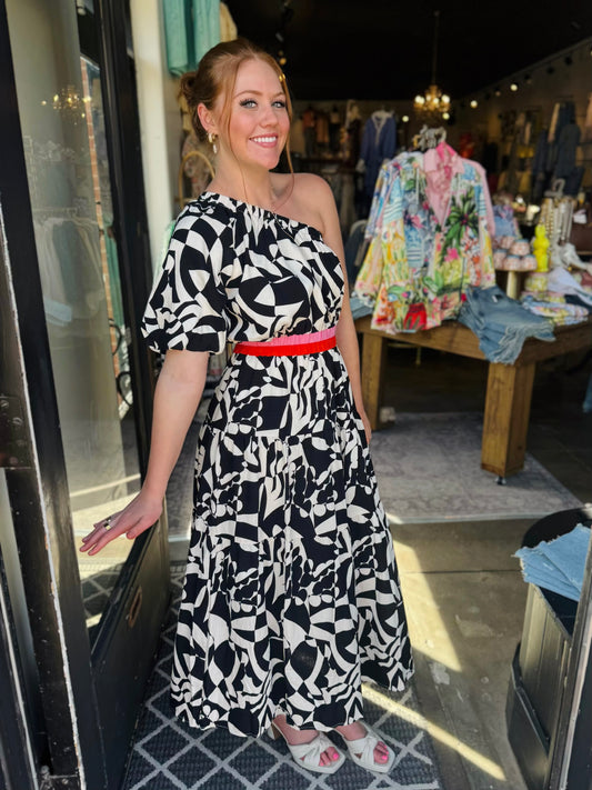 Black White One Shoulder Pattern Maxi Dress