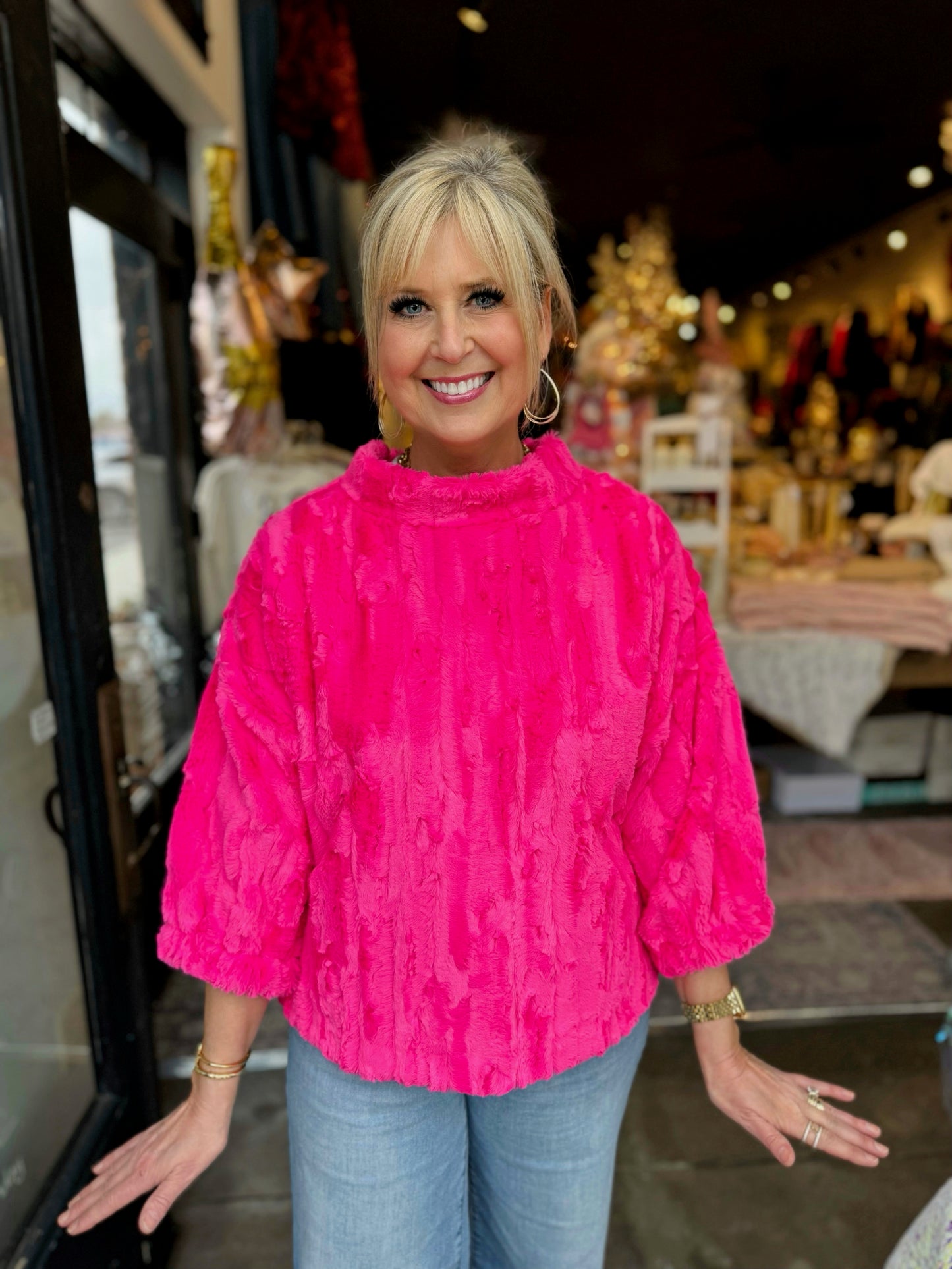 Ivy Jane Cerise Poof Sleeve Fur Popover