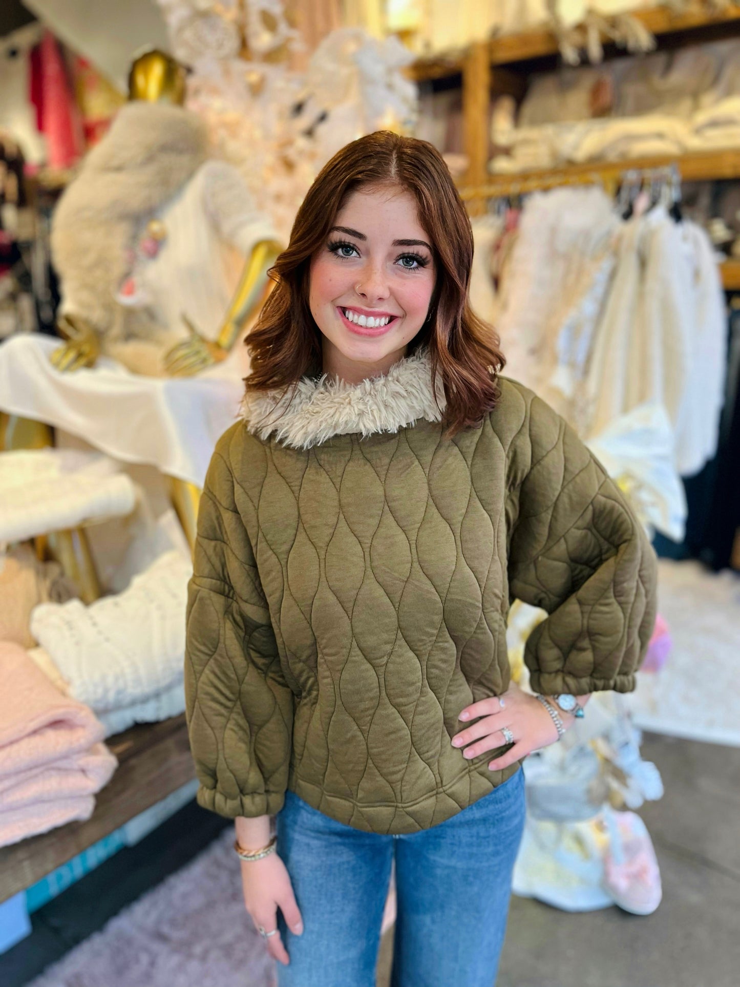 Ivy Jane Olive Poof Sleeve Quilted Popover