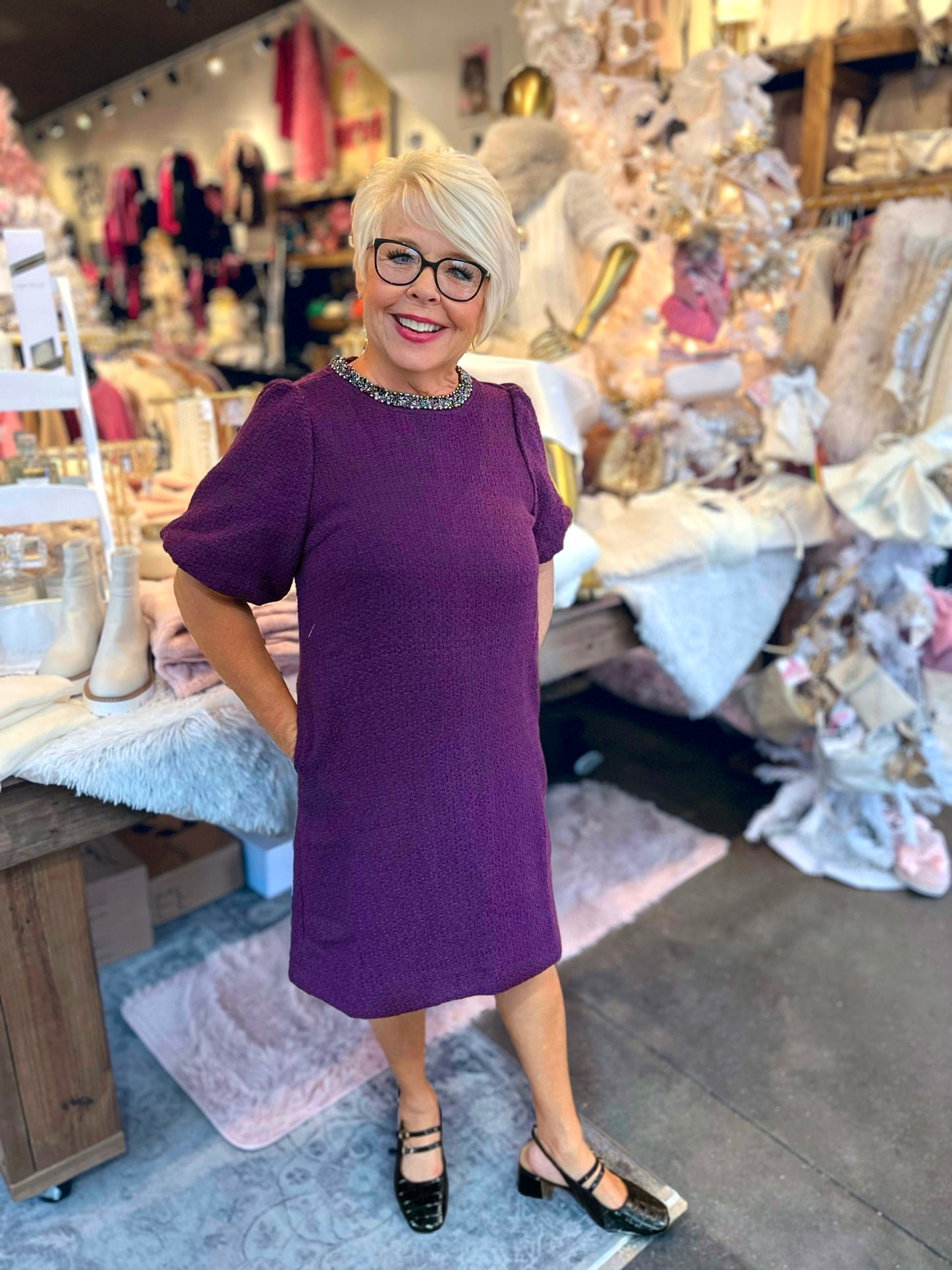 Uncle Frank Plum Beaded Neck Dress