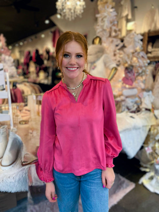 Ivy Jane Hot Pink Long Sleeve Suede Top