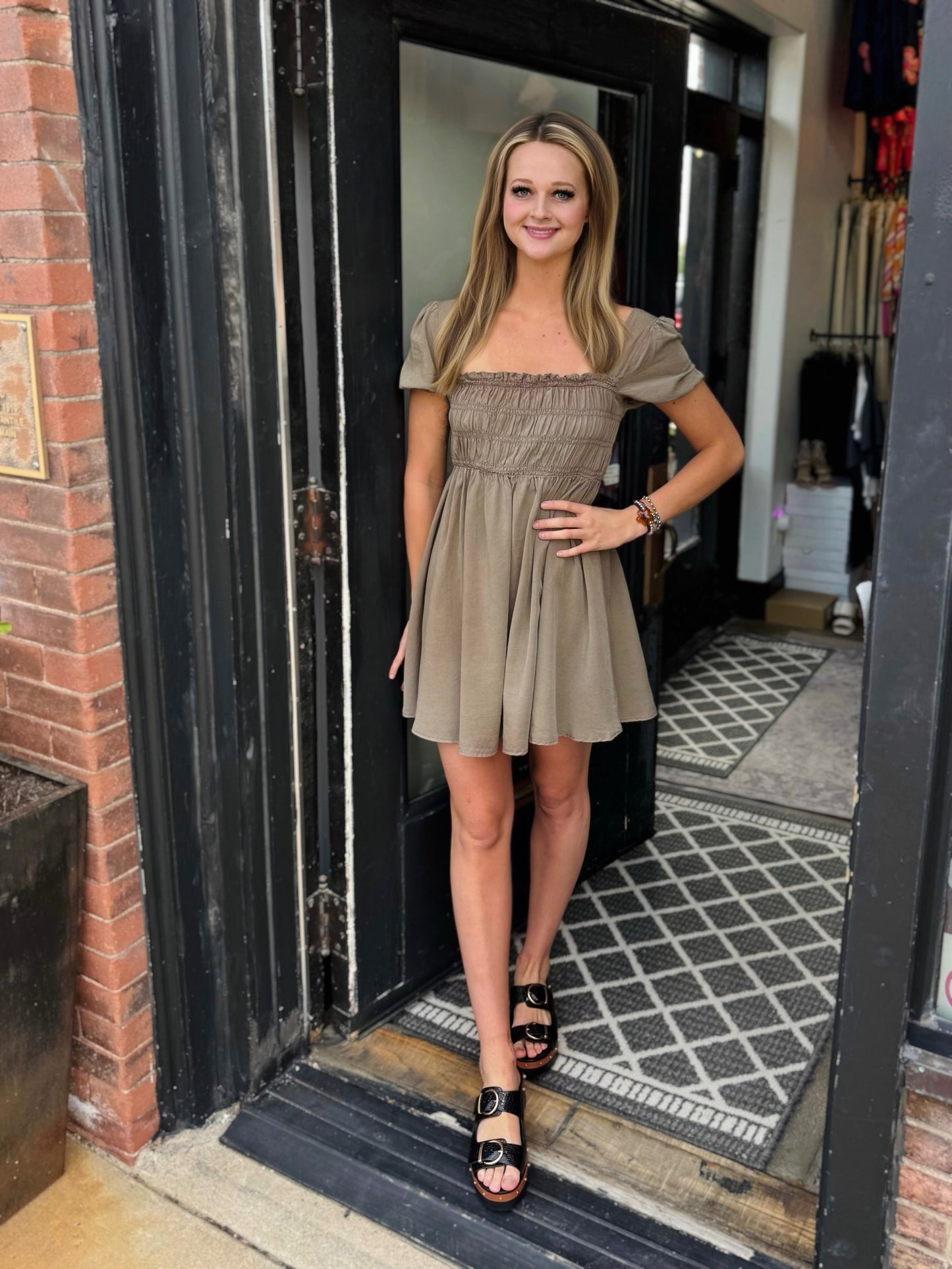 Mocha Lover Gurl Short Puff Sleeve Mini Dress