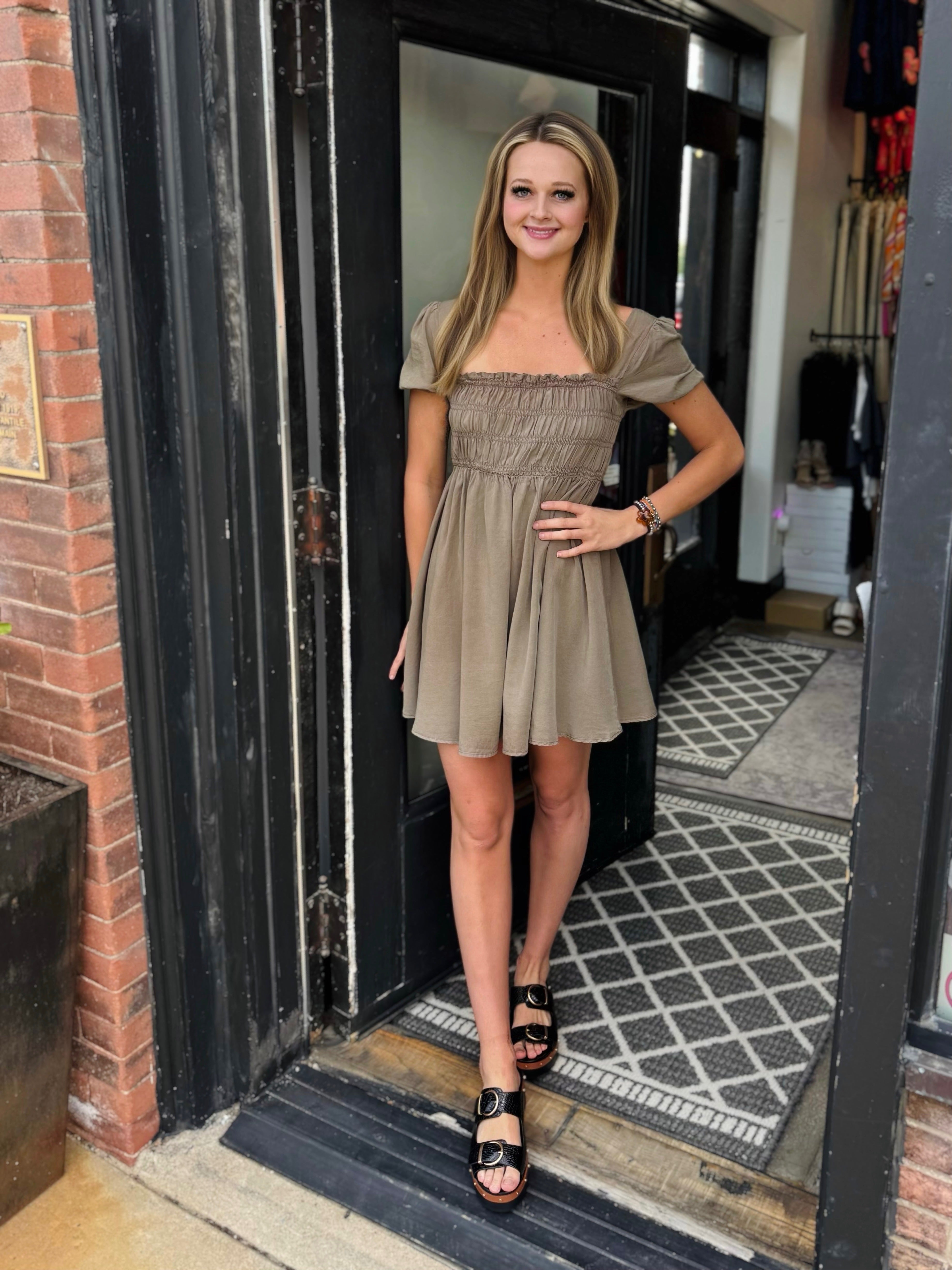 Mocha Lover Gurl Short Puff Sleeve Mini Dress