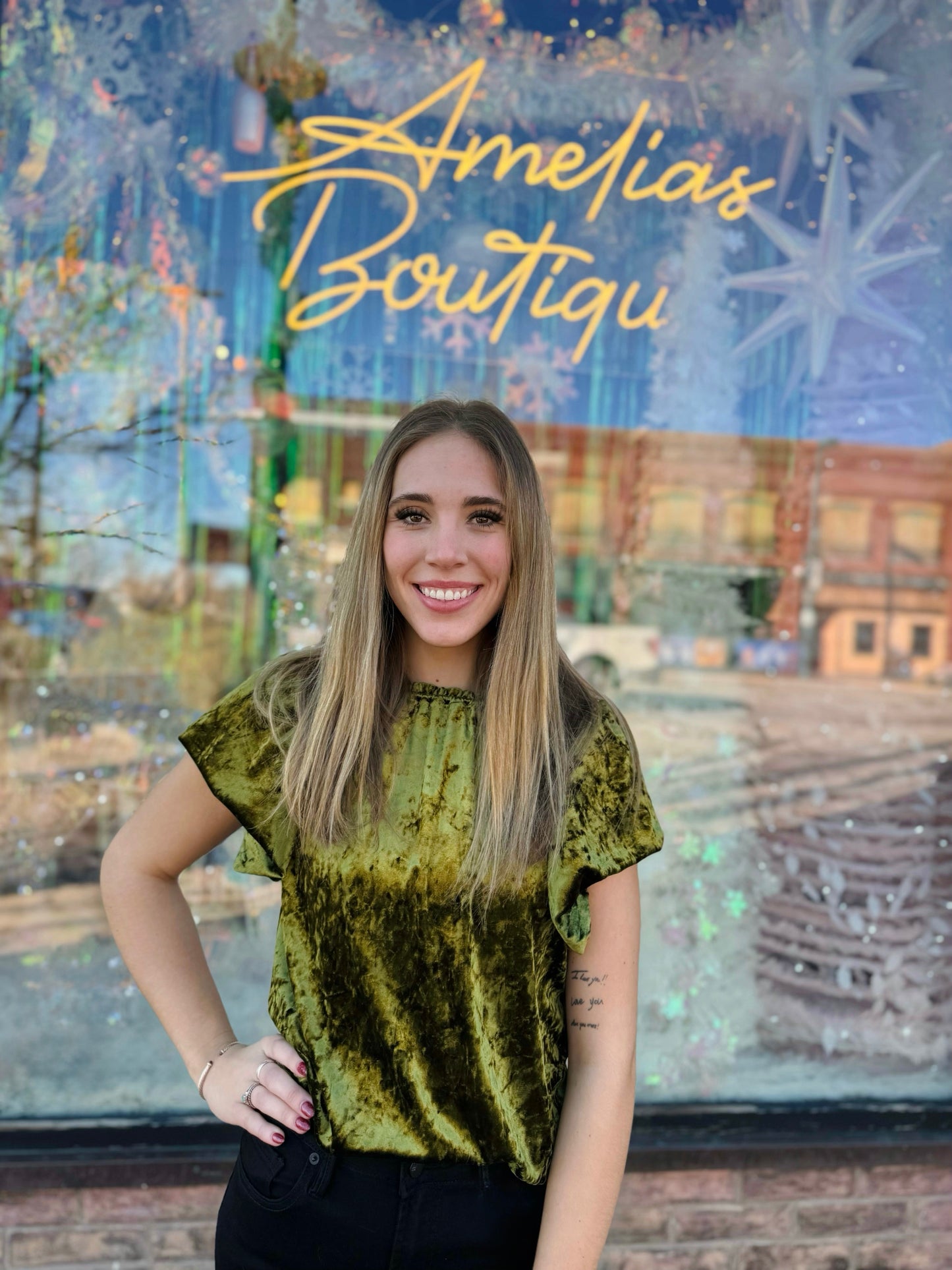 Ivy Jane Olive Velvet Flounce Top