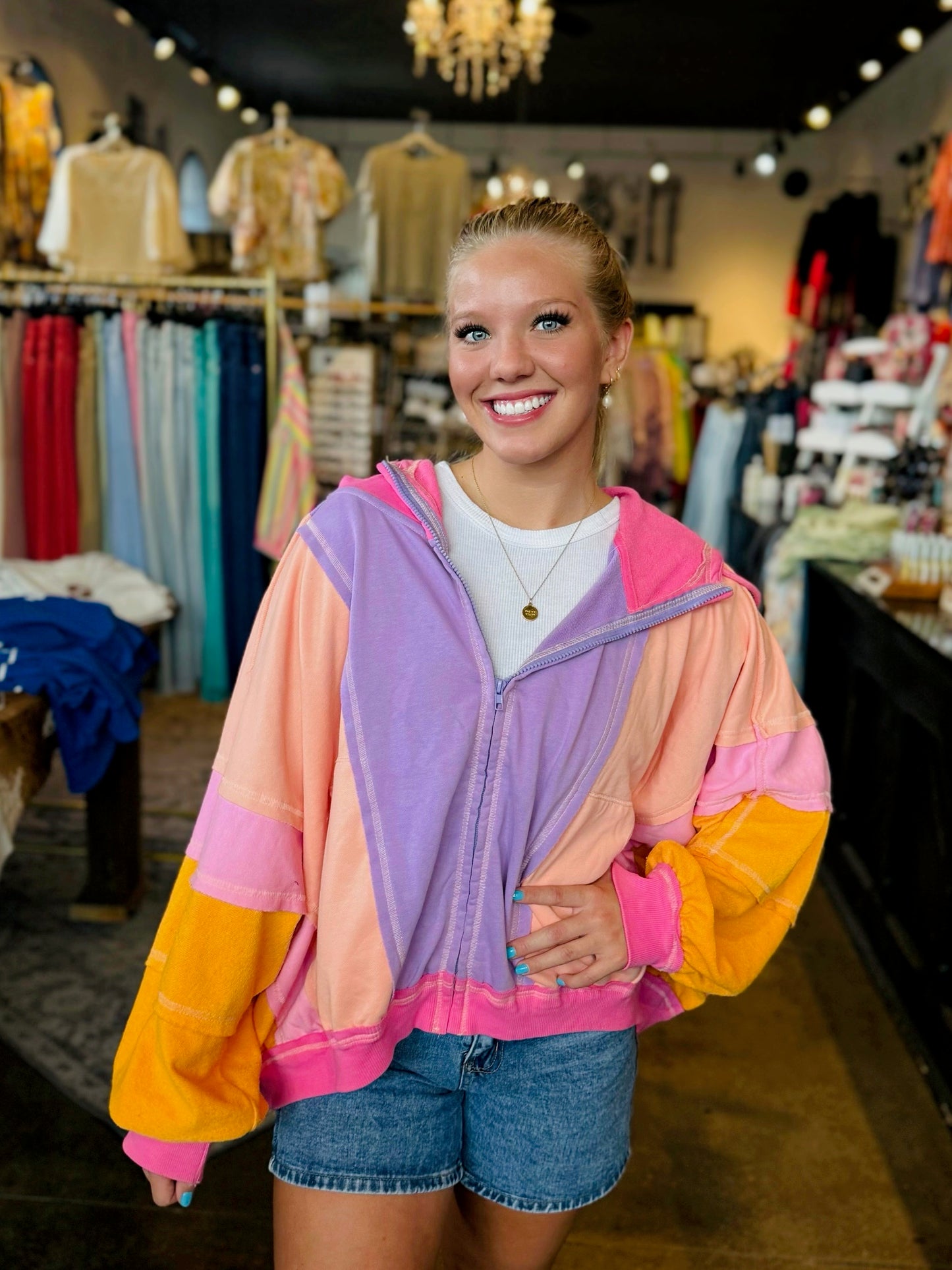 Perfectly Paige Peach/Purple Color Block Zip Hoodie