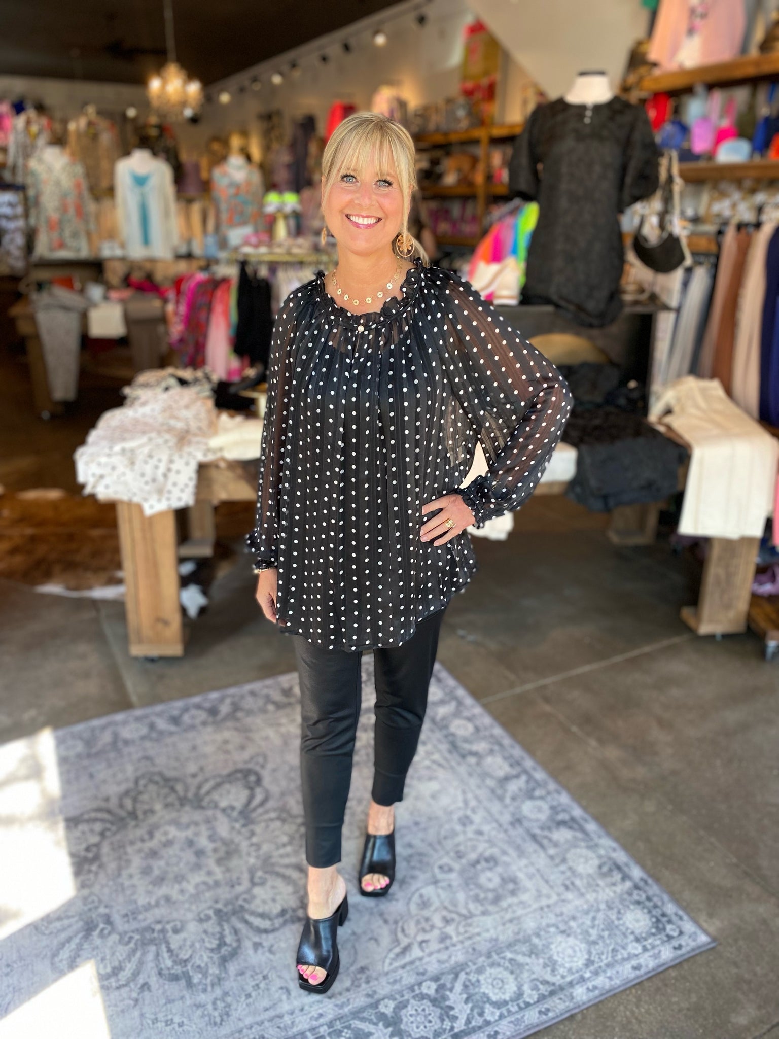 Bethany Black Plus Size Polka Dot Ruffled Neck Blouse