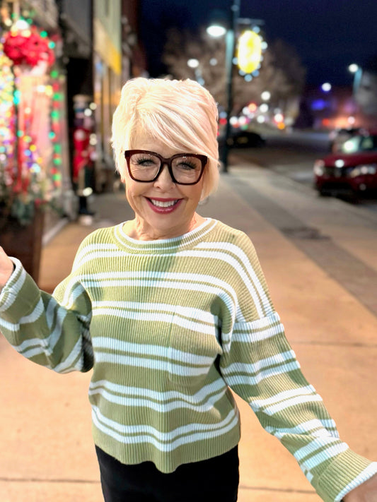 Olive And Light Blue Stripe Sweater W2350
