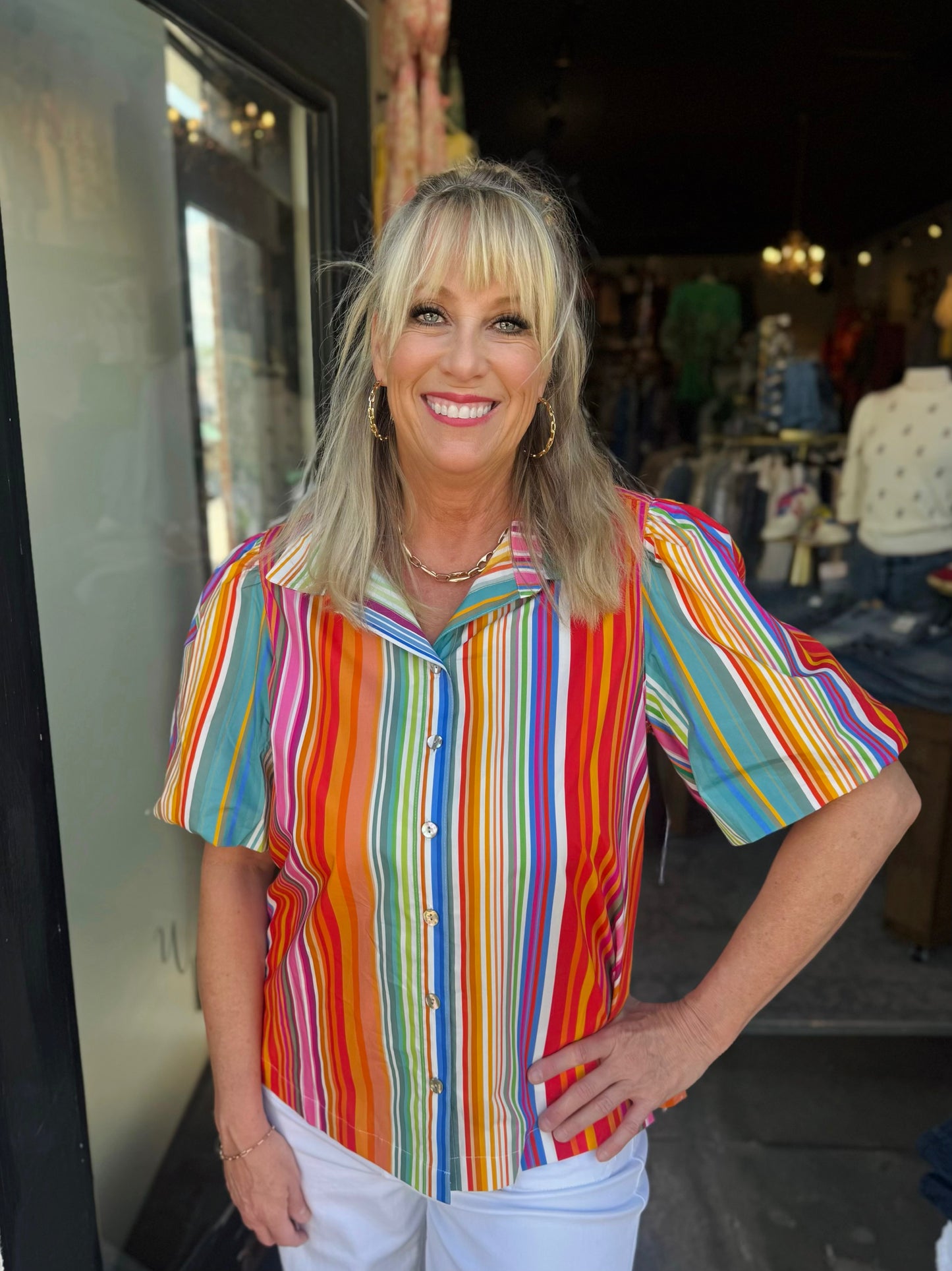 John Mark STRMLT Multi Stripe Blouse With Puff Sleeves