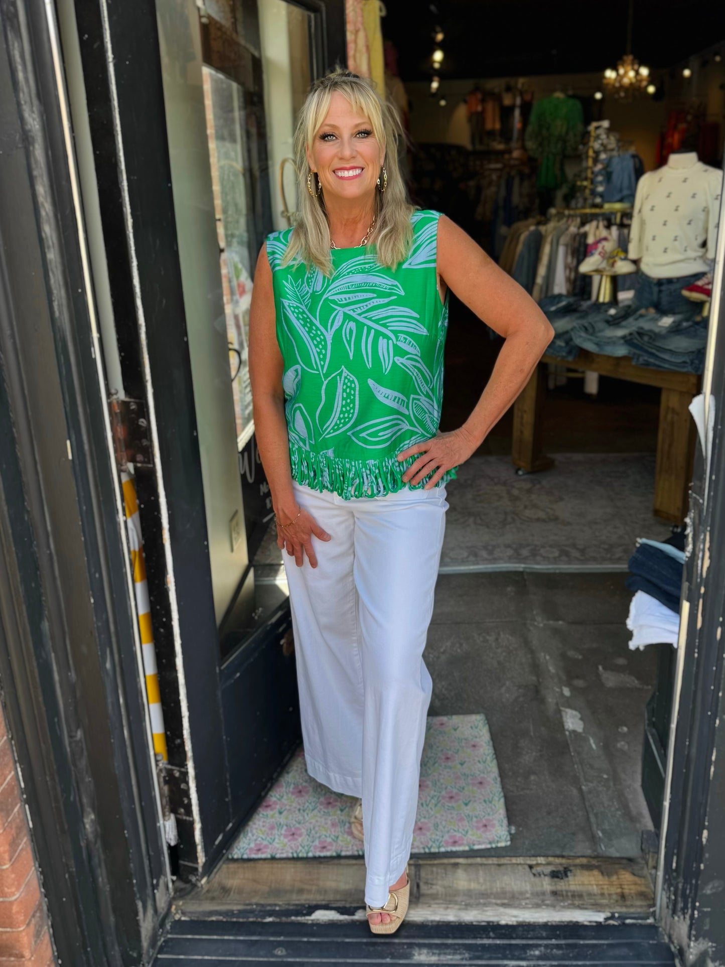 Tru Luxe Green 6362 Printed Shell W/ Loop Fringe