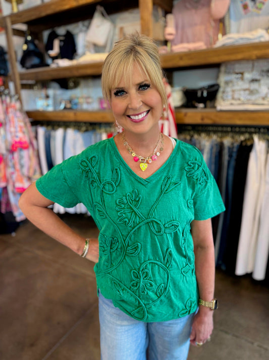 Tru Lux Green T25361TM Soutache v neck t
