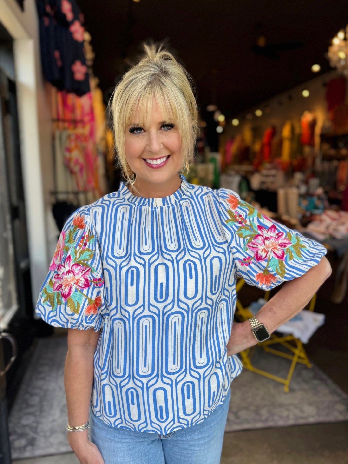 Berry Blue Flower Embroidered Puff Sleeve Print Top