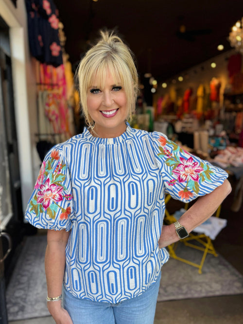 Berry Blue Flower Embroidered Puff Sleeve Print Top