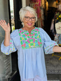 Tru Luxe Bluster Embroidered Notch Neck Striped Top