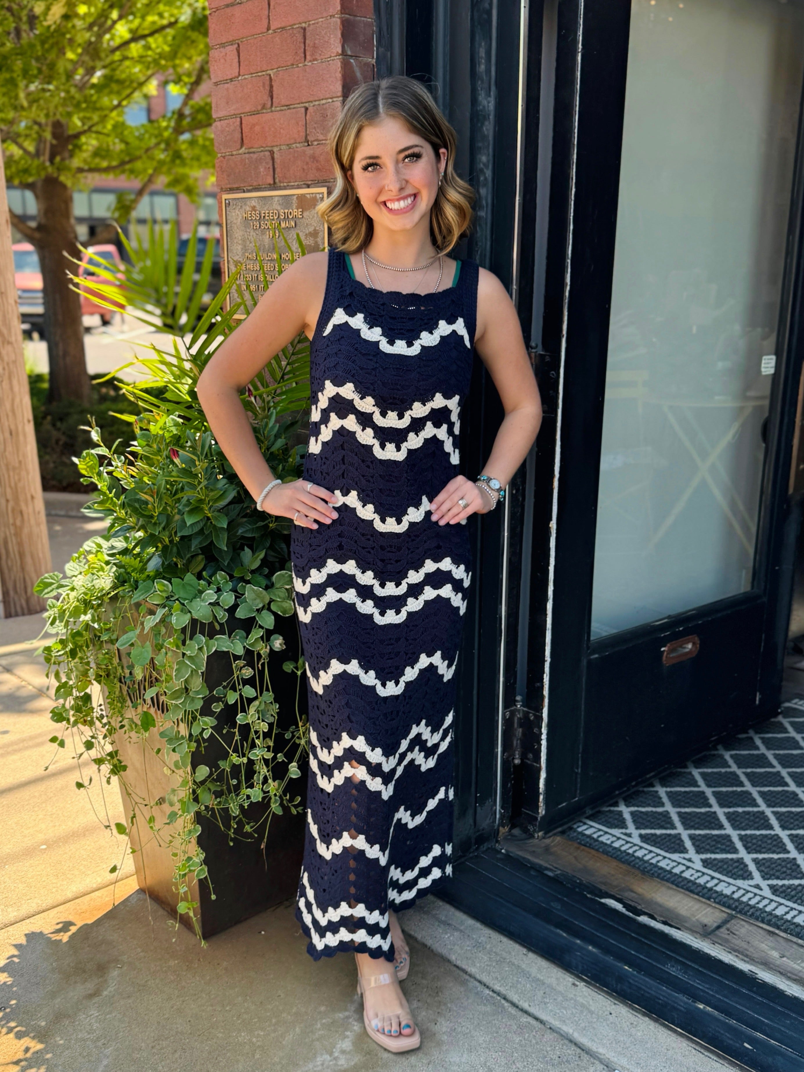 Charlie B Navy Crochet Sleeveless Maxi Dress
