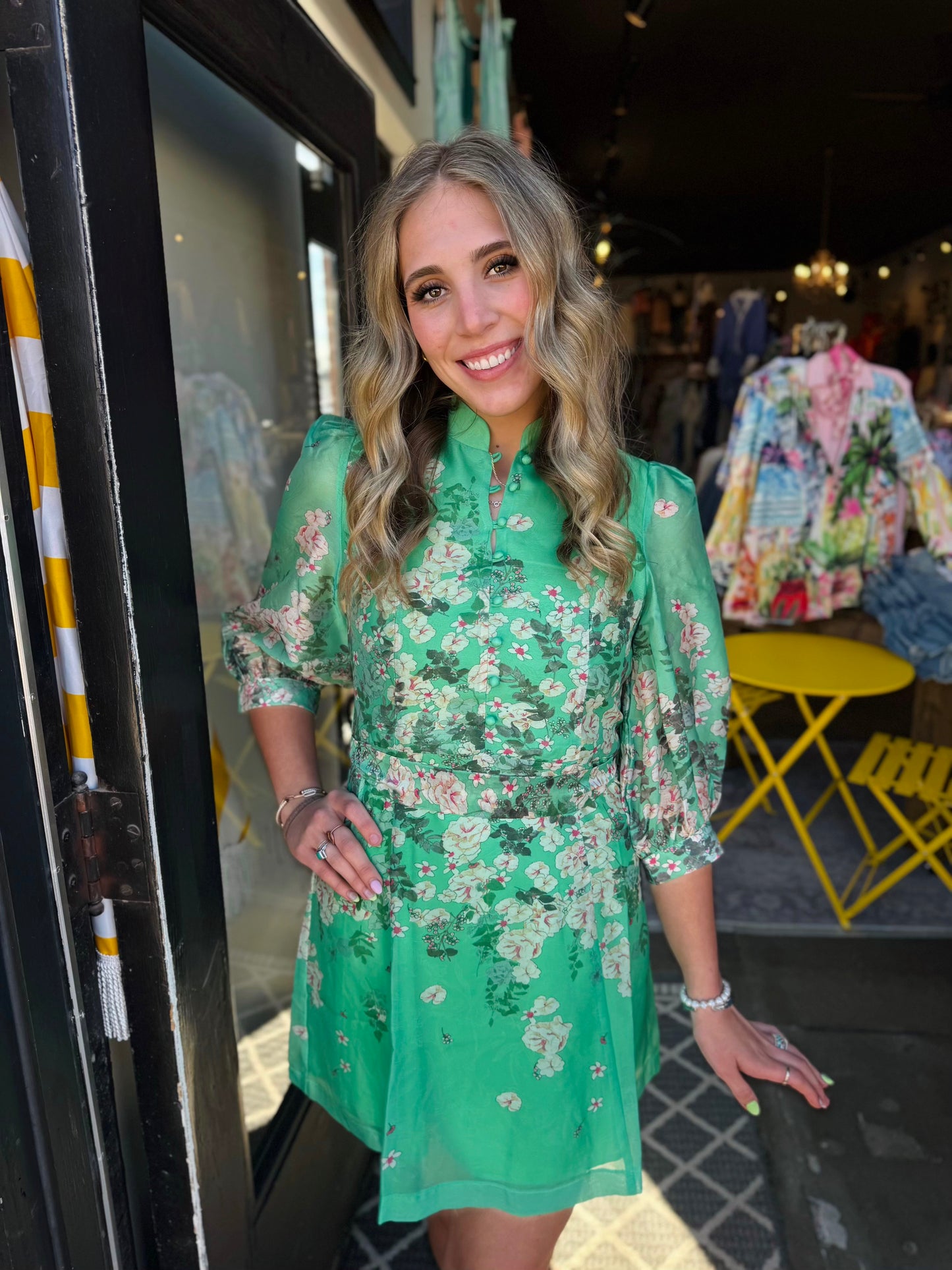 Jade Emerald Bloom Stand Collar A-Line Dress