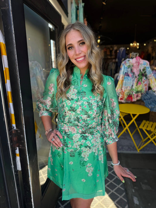 Jade Emerald Bloom Stand Collar A-Line Dress