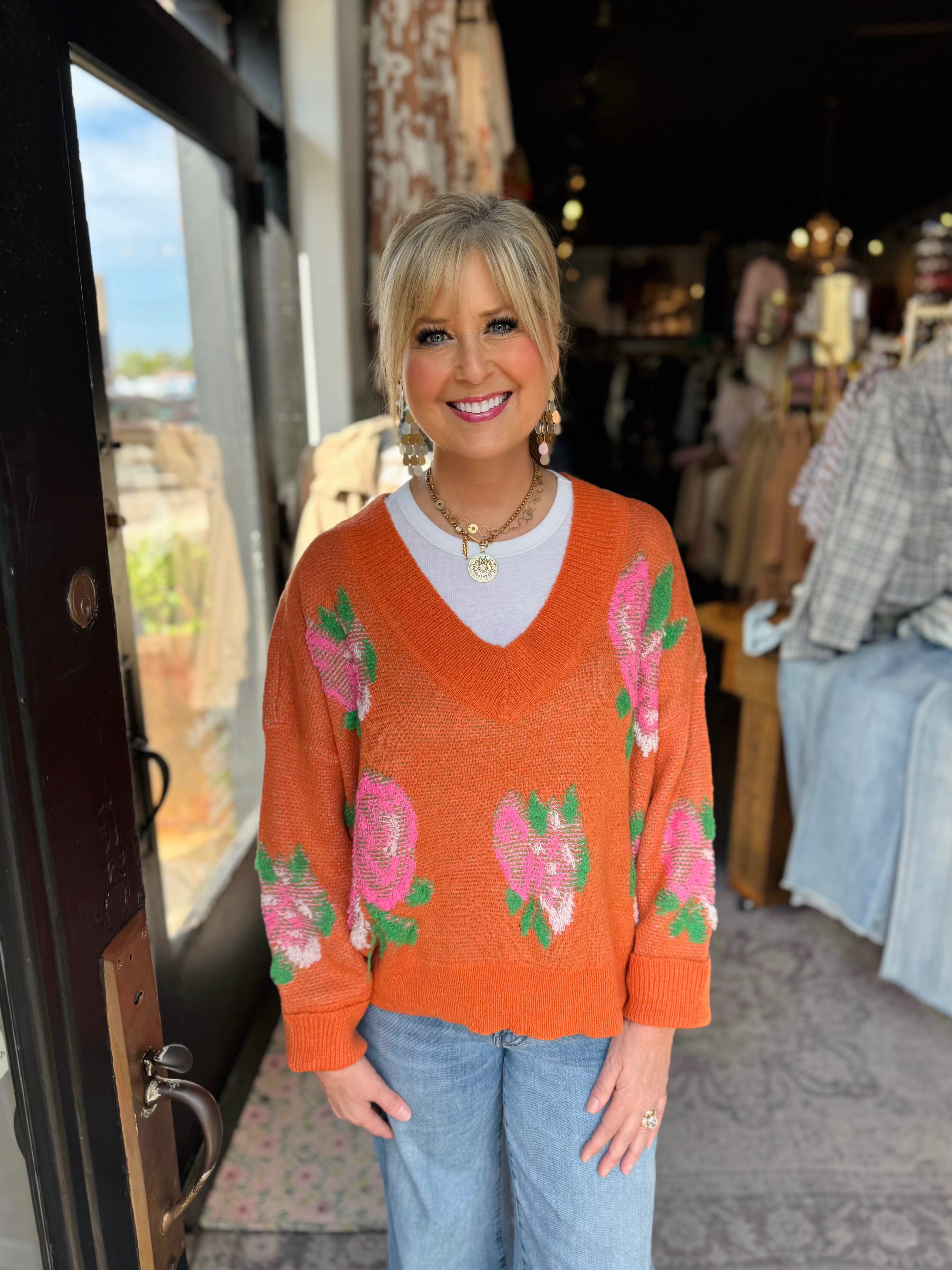 IVY JANE TANGERINE 3D FLORAL SWEATER
