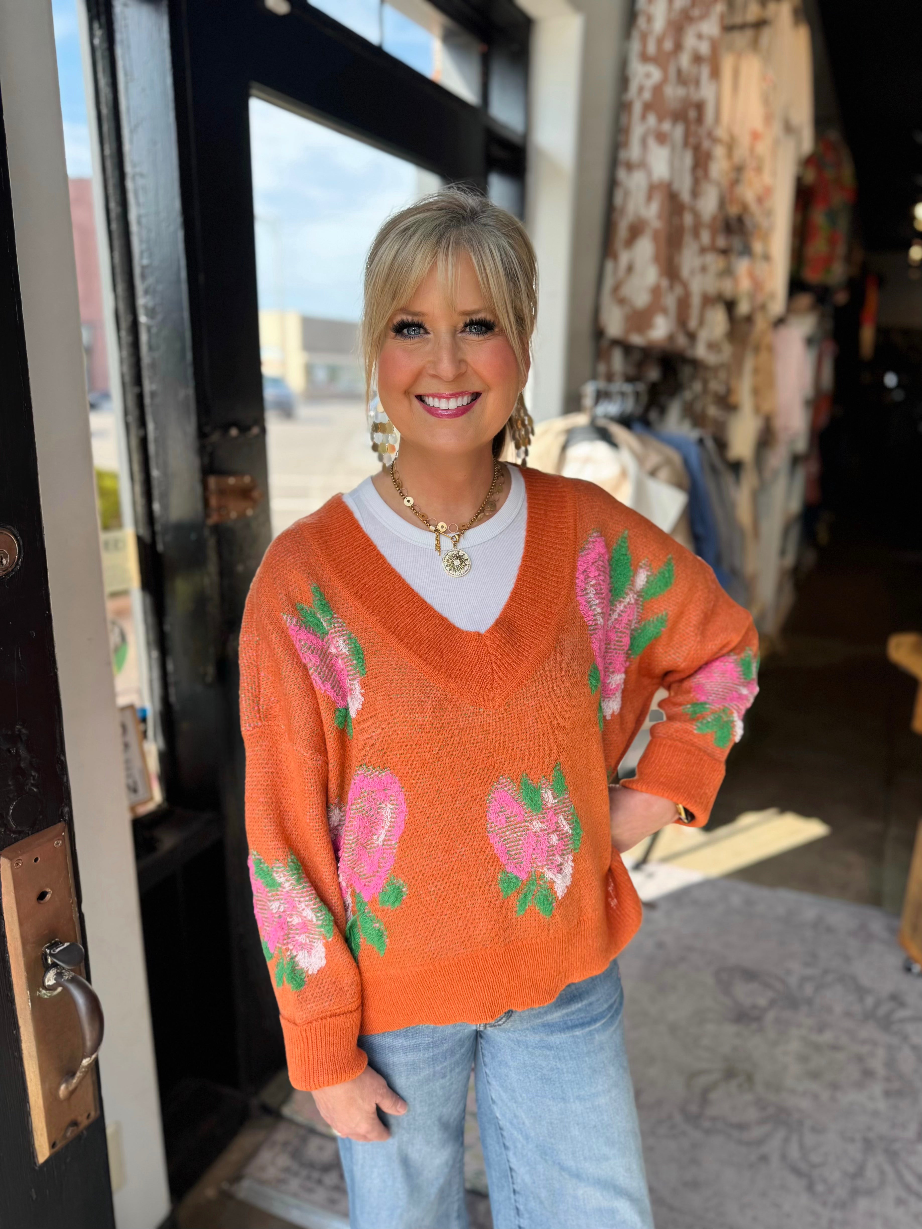 IVY JANE TANGERINE 3D FLORAL SWEATER