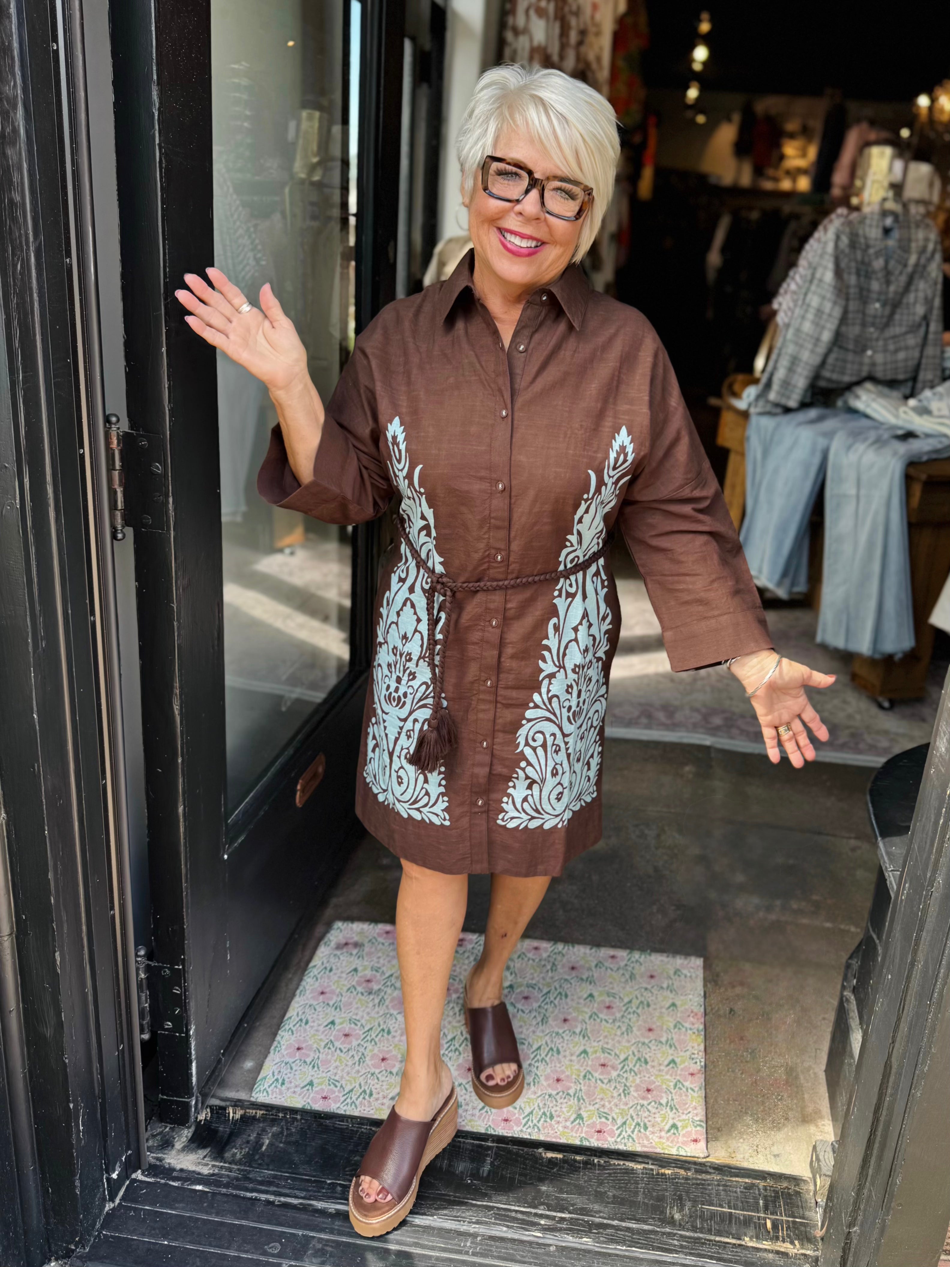 UNCLE FRANK CHESTNUT BORDER PRINT SHIFT DRESS