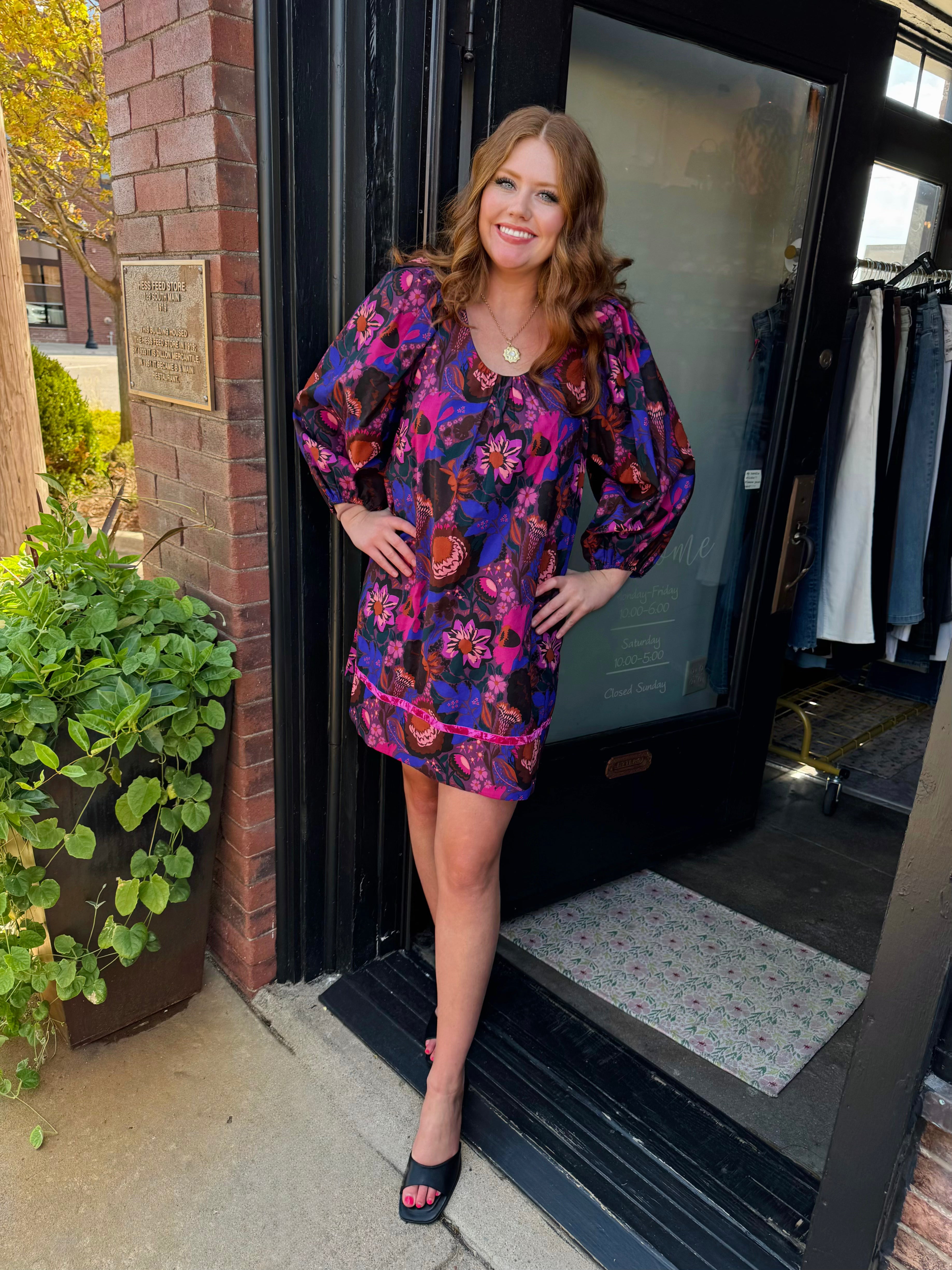 UNCLE FRANK BLUE SHIRRED FLORAL SHIFT DRESS