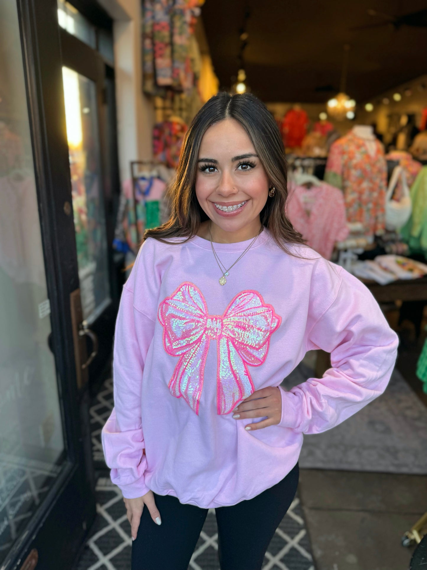 Pink Bow Sequins Patch Valentines Day Sweatshirt