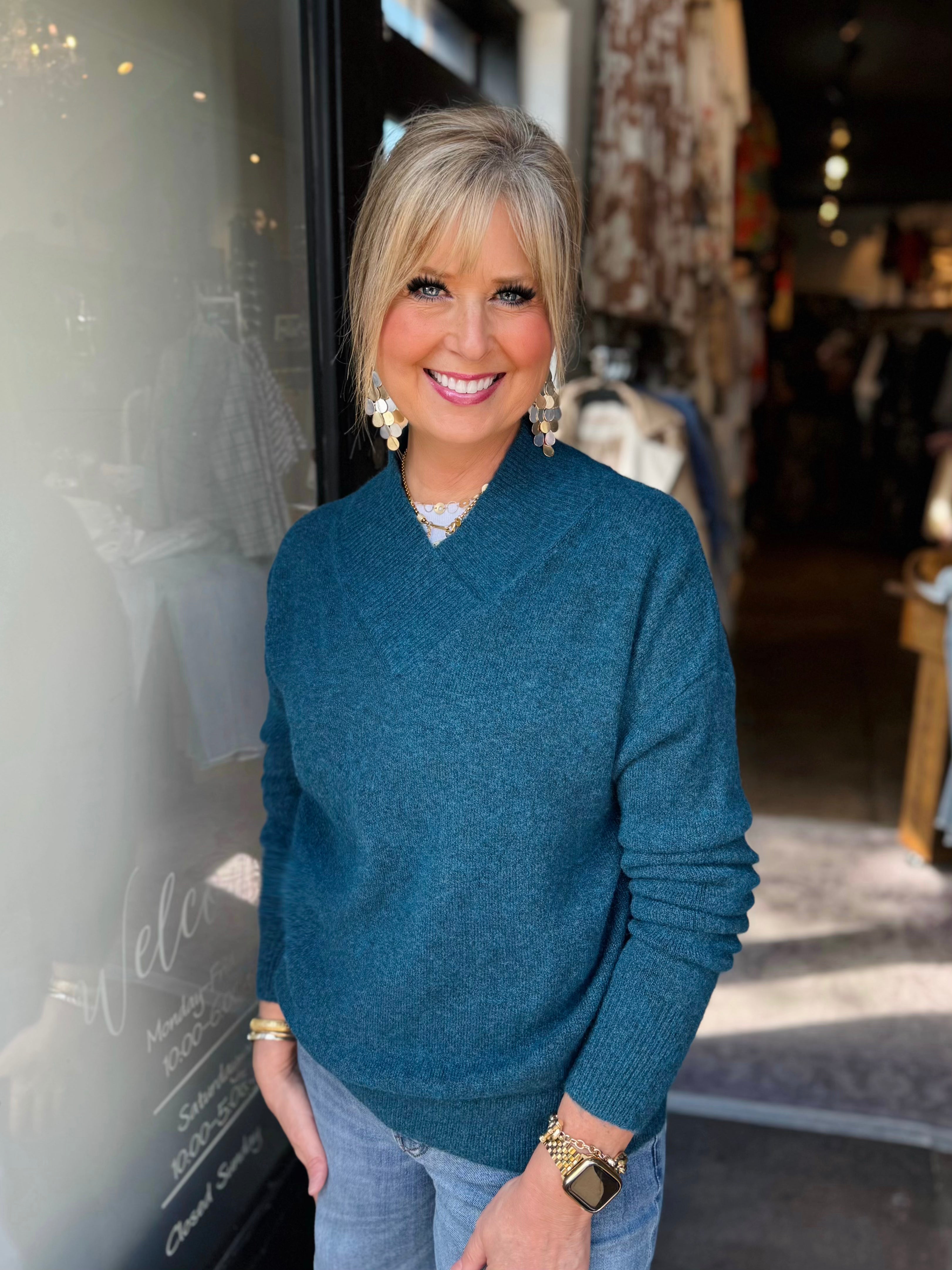 KAREN KANE TEAL SHAWL COLLAR SWEATER