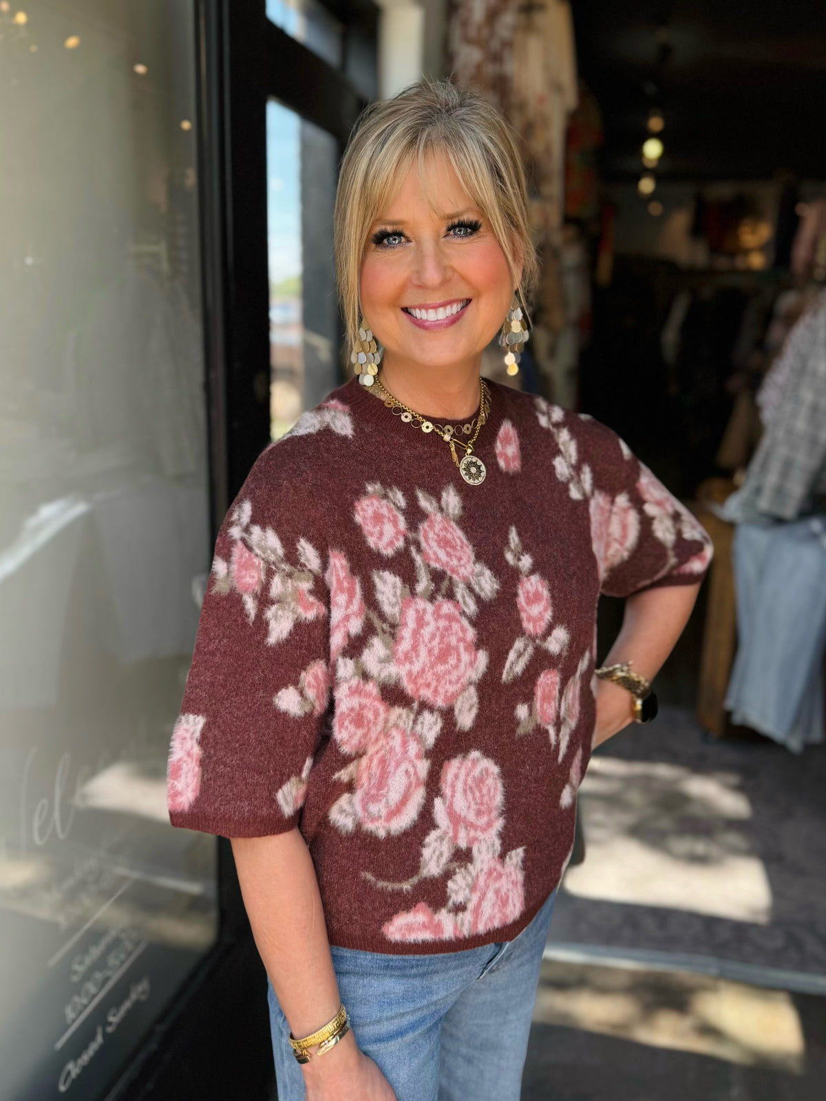CHARLIE B ROSETTE BALLOON SLEEVE SWEATER