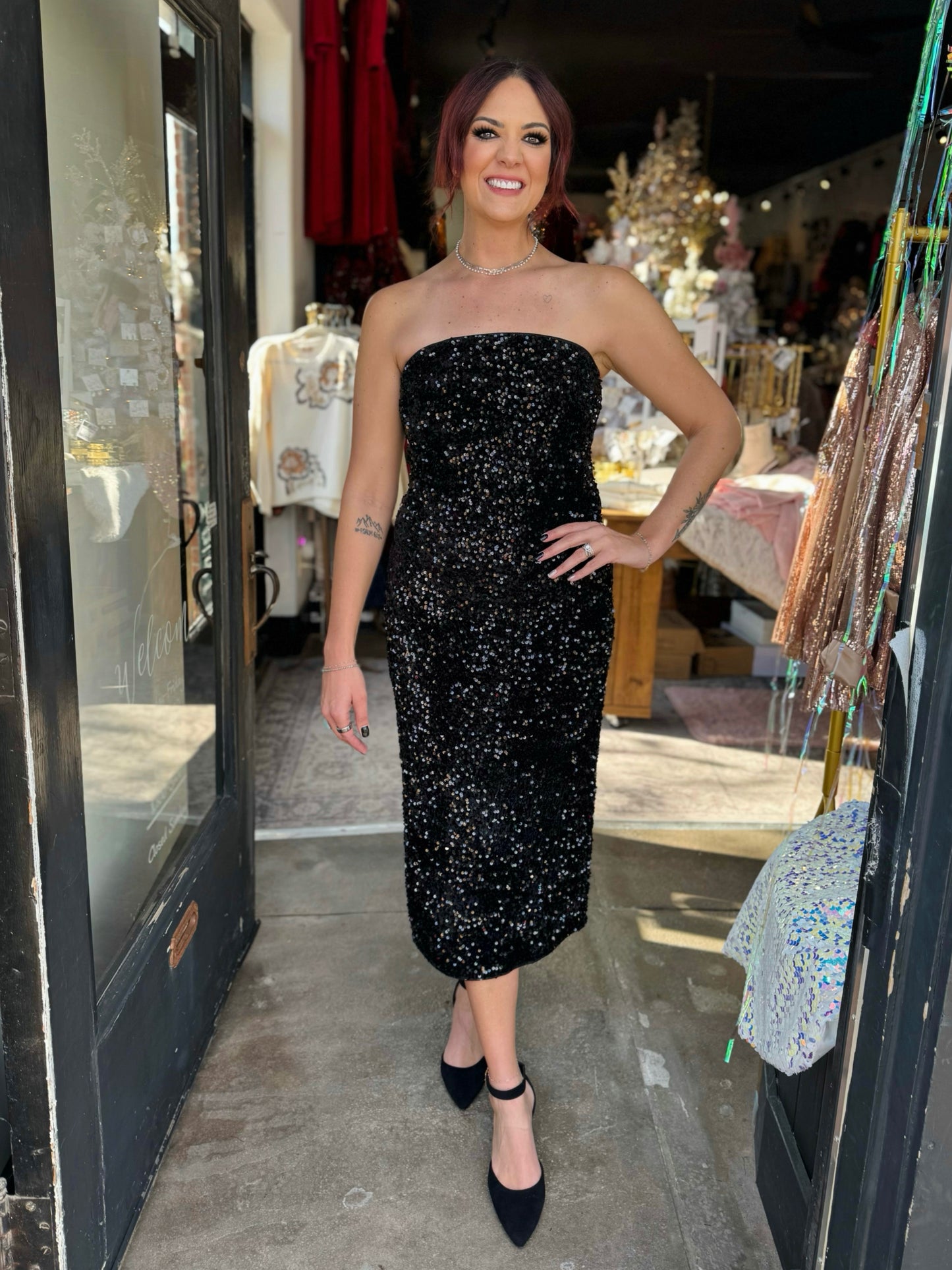 Apricot Black Velvet Sequin Bandeau Midi Dress