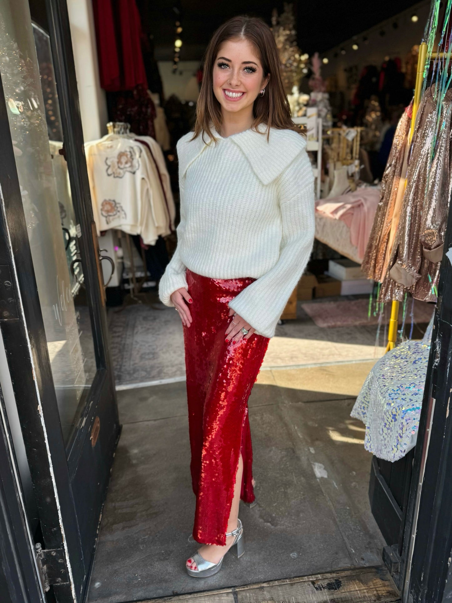 Endless Red Sequins Midi Skirt