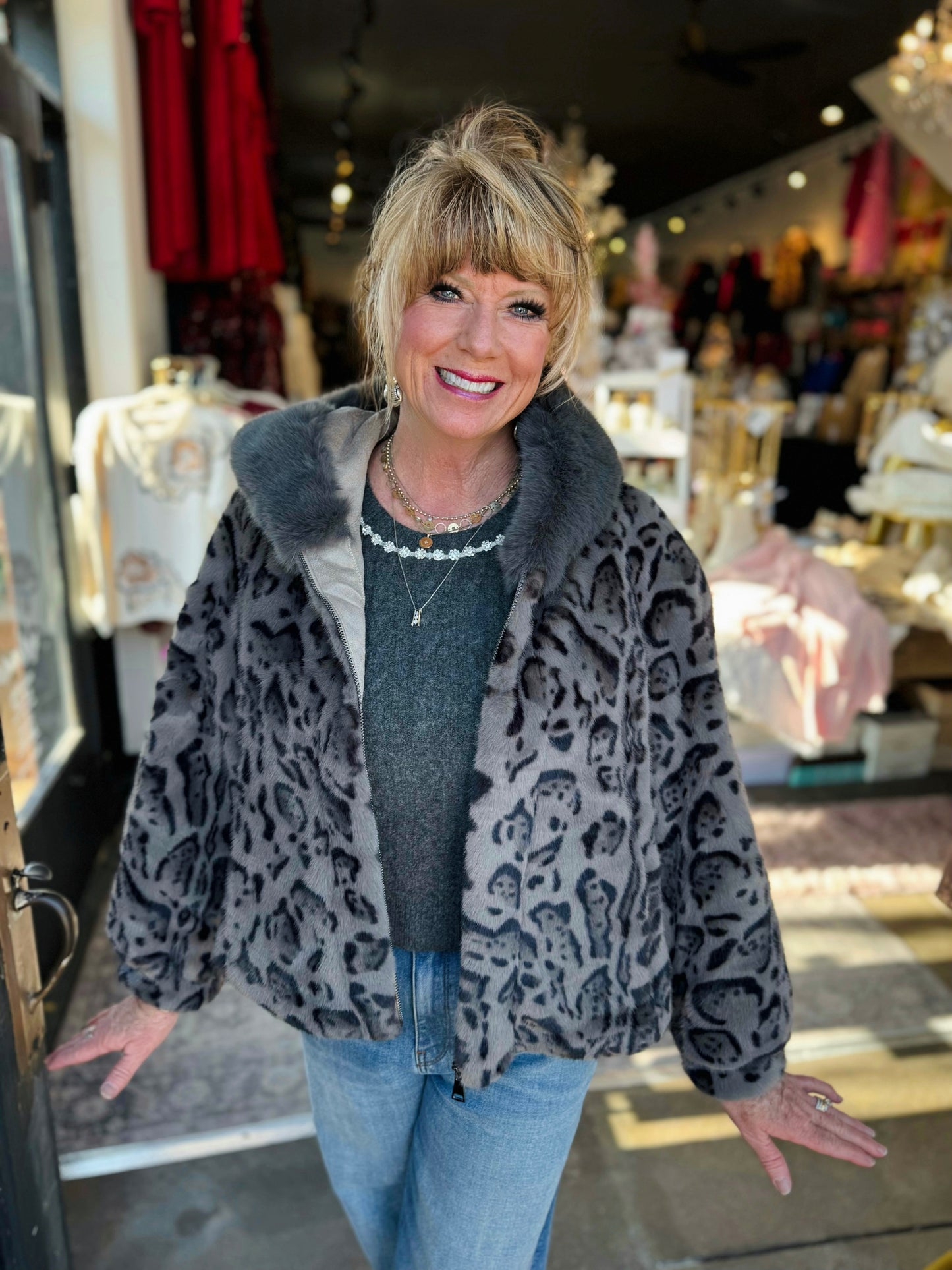 Nekane Grey Animal Print Fur Coat W Hood