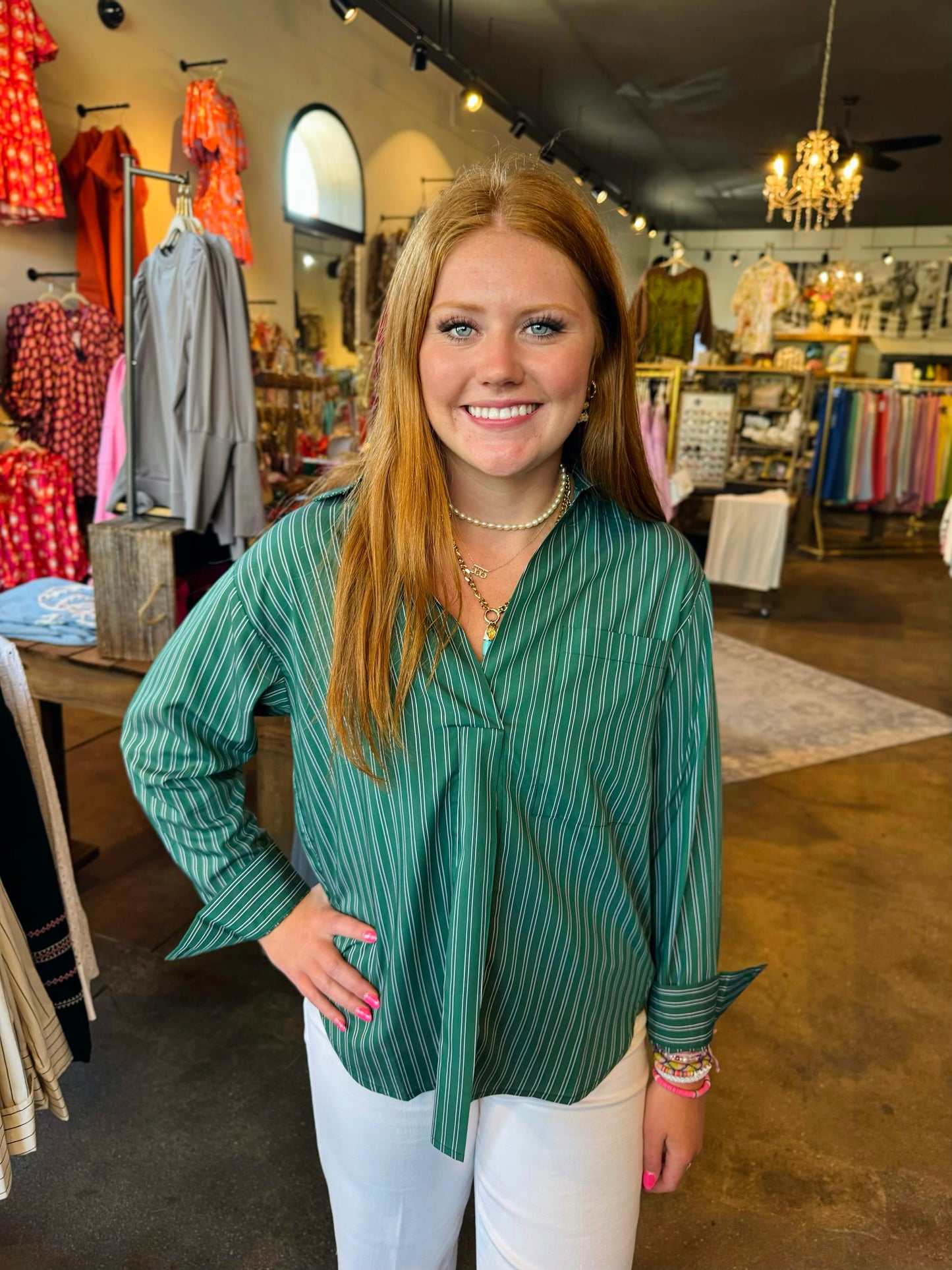 Jade Green Stripe Pocket Blouse