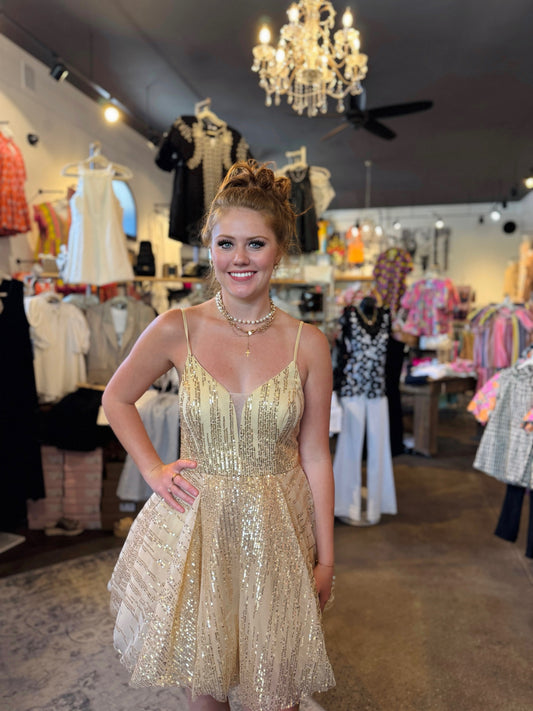 Gold Elegant V-neck Sequined Sparkling A-line Ball Gown