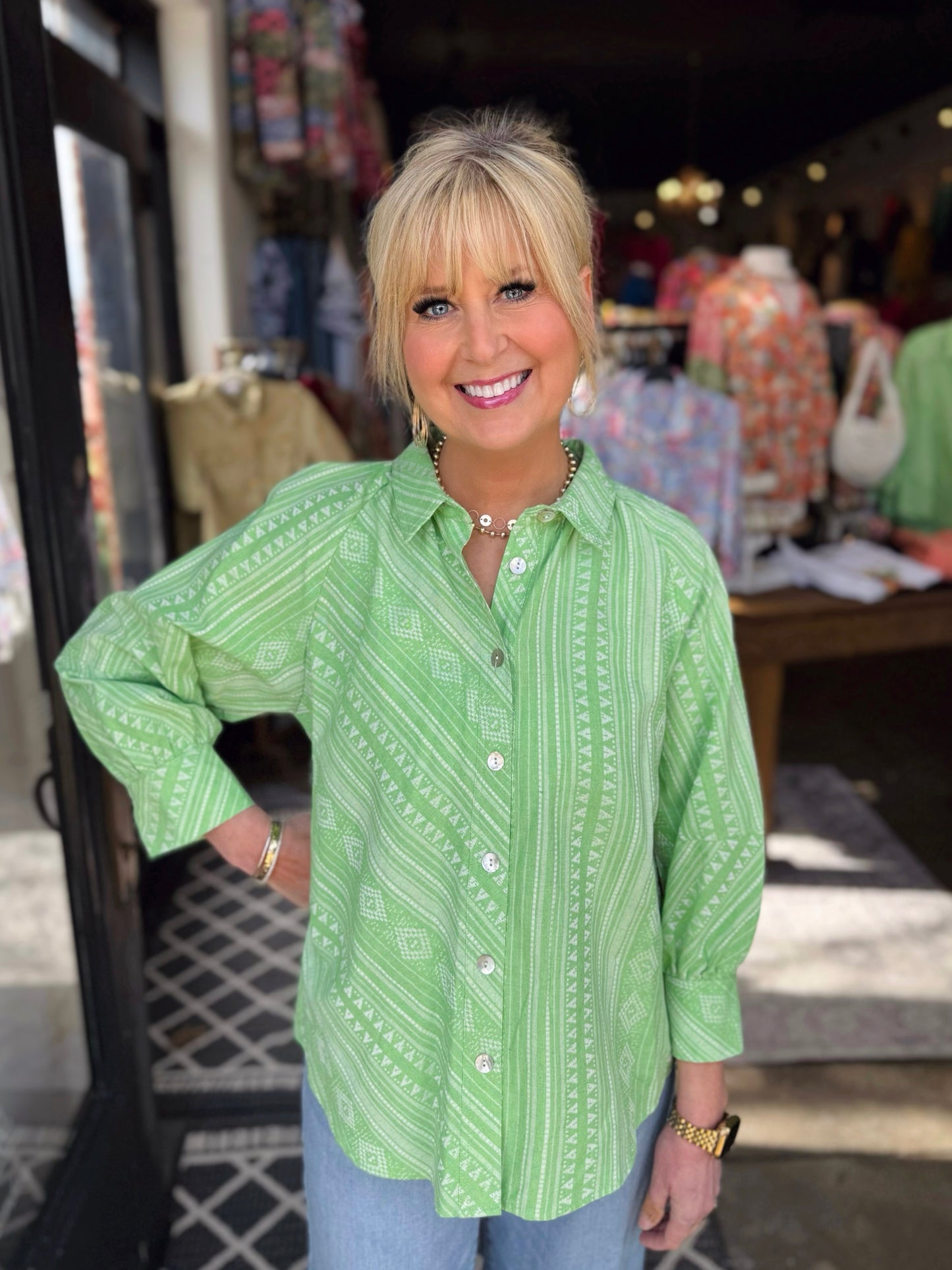 Tru Luxe Green Stripe Puff Sleeve Button Up Shirt