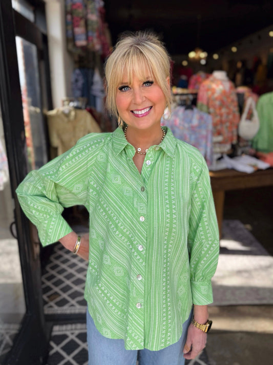 Tru Luxe Green Stripe Puff Sleeve Button Up Shirt