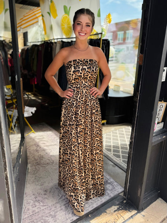 KLD A/S Strapless Animal Print Tie Back Jumpsuit