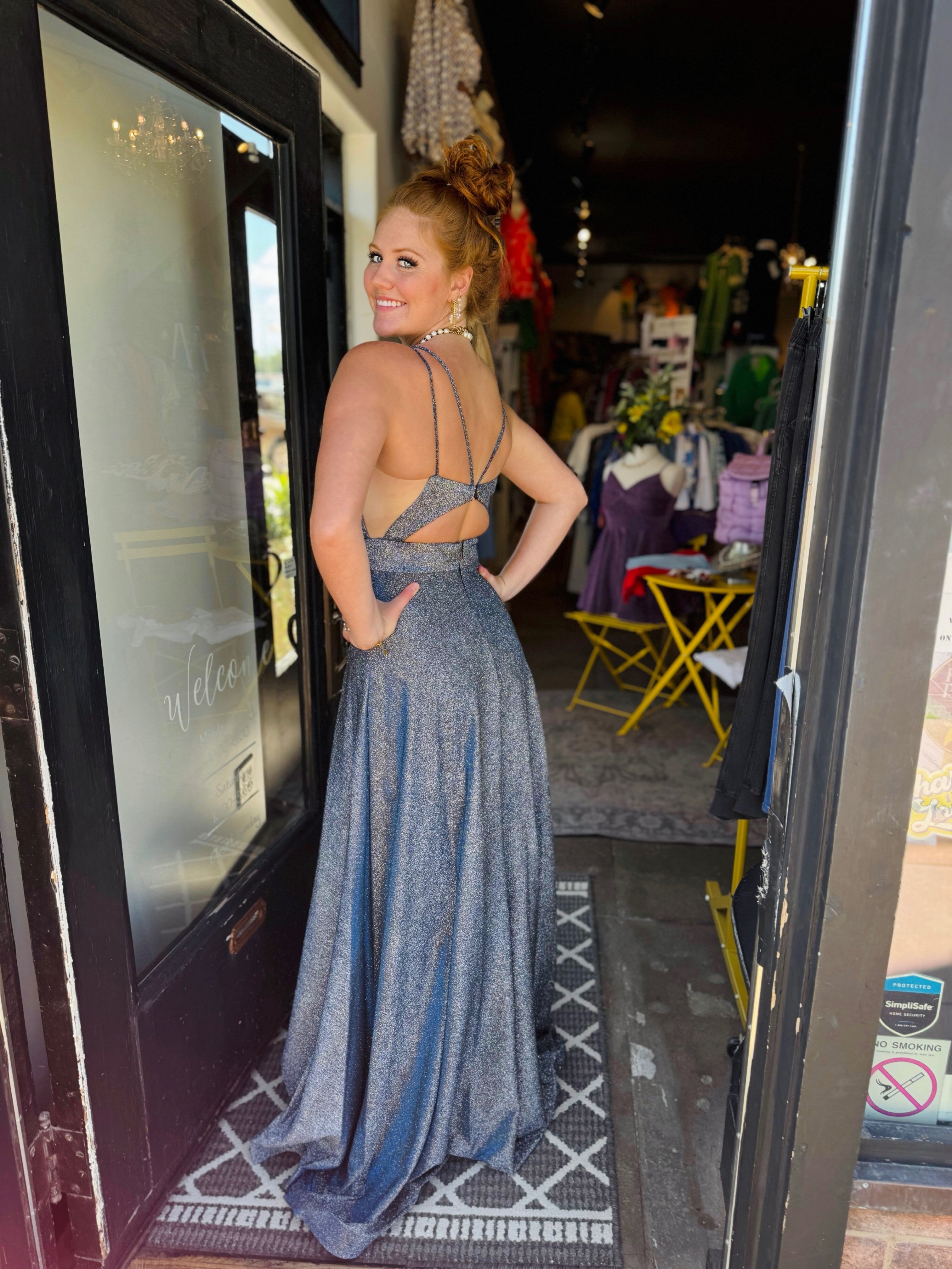 Juliet #208 Navy Blue Glitter Long Dress