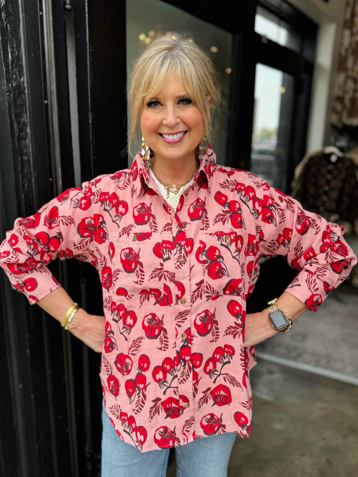 IVY JANE PINK TOMATO PRINT CAMP SHIRT