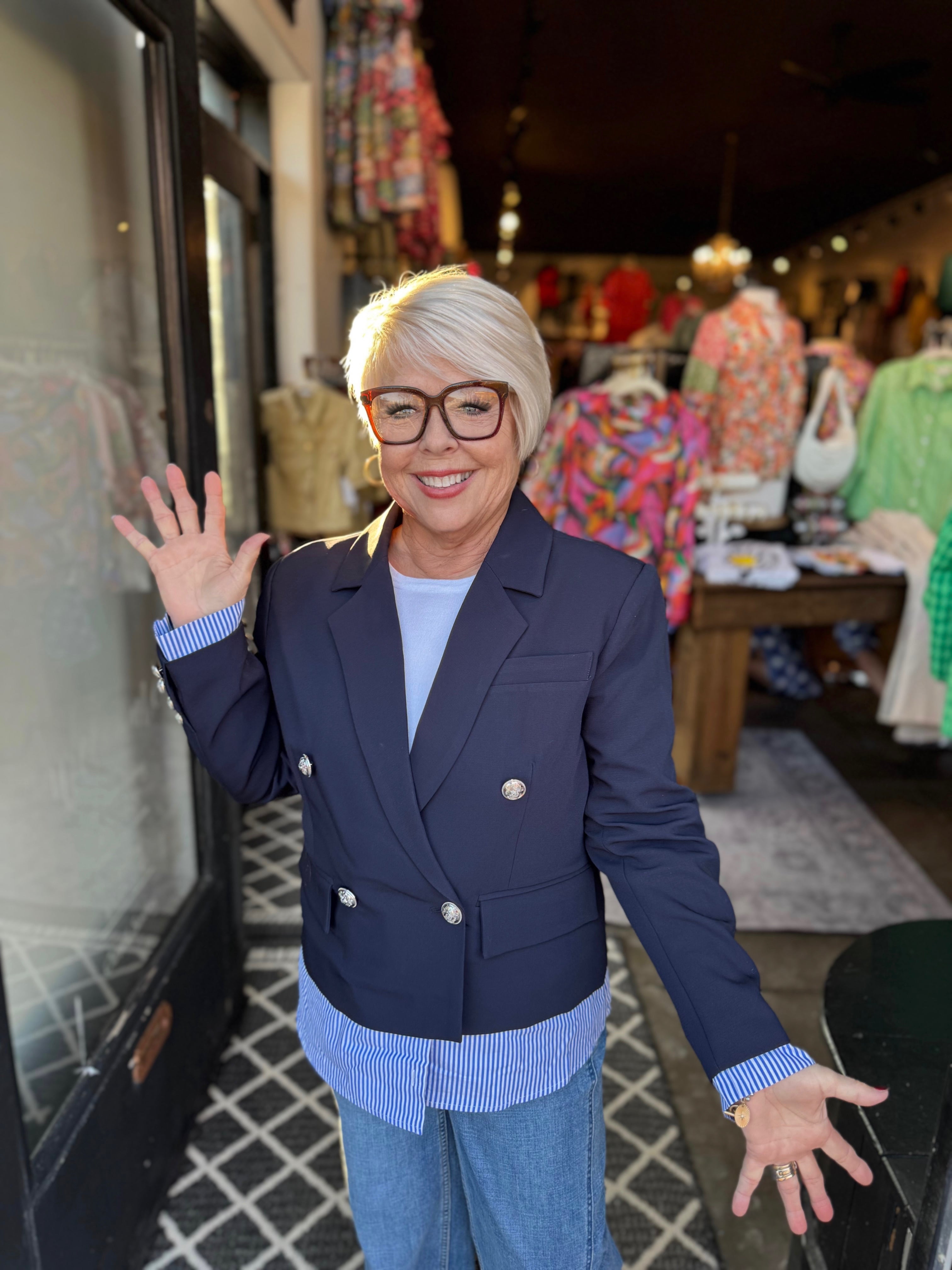 DolceCABO Navy W/ Shirt Striped DBL Breasted Blazer